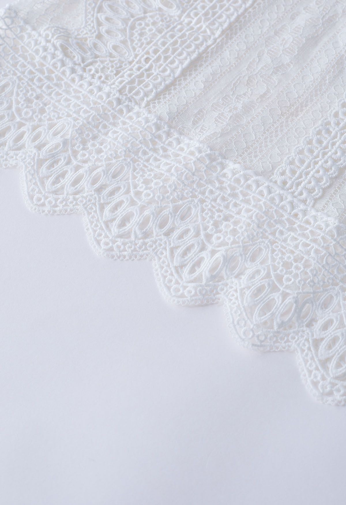 Sheer Sleeve Spliced Cutwork Lace Top in White
