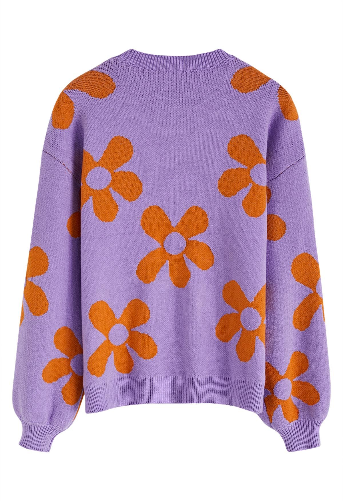 Cuteness Flowers Boxy Round Neck Knit Sweater in Lilac