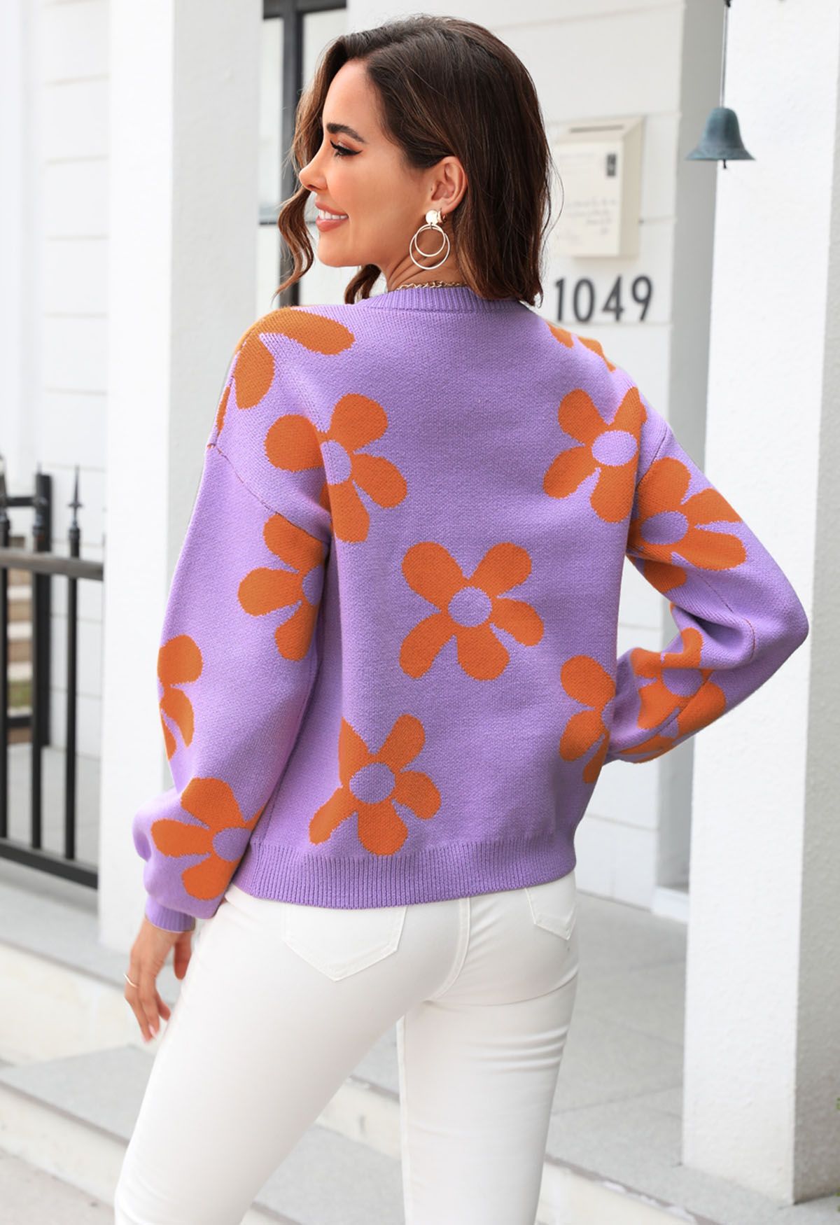Cuteness Flowers Boxy Round Neck Knit Sweater in Lilac