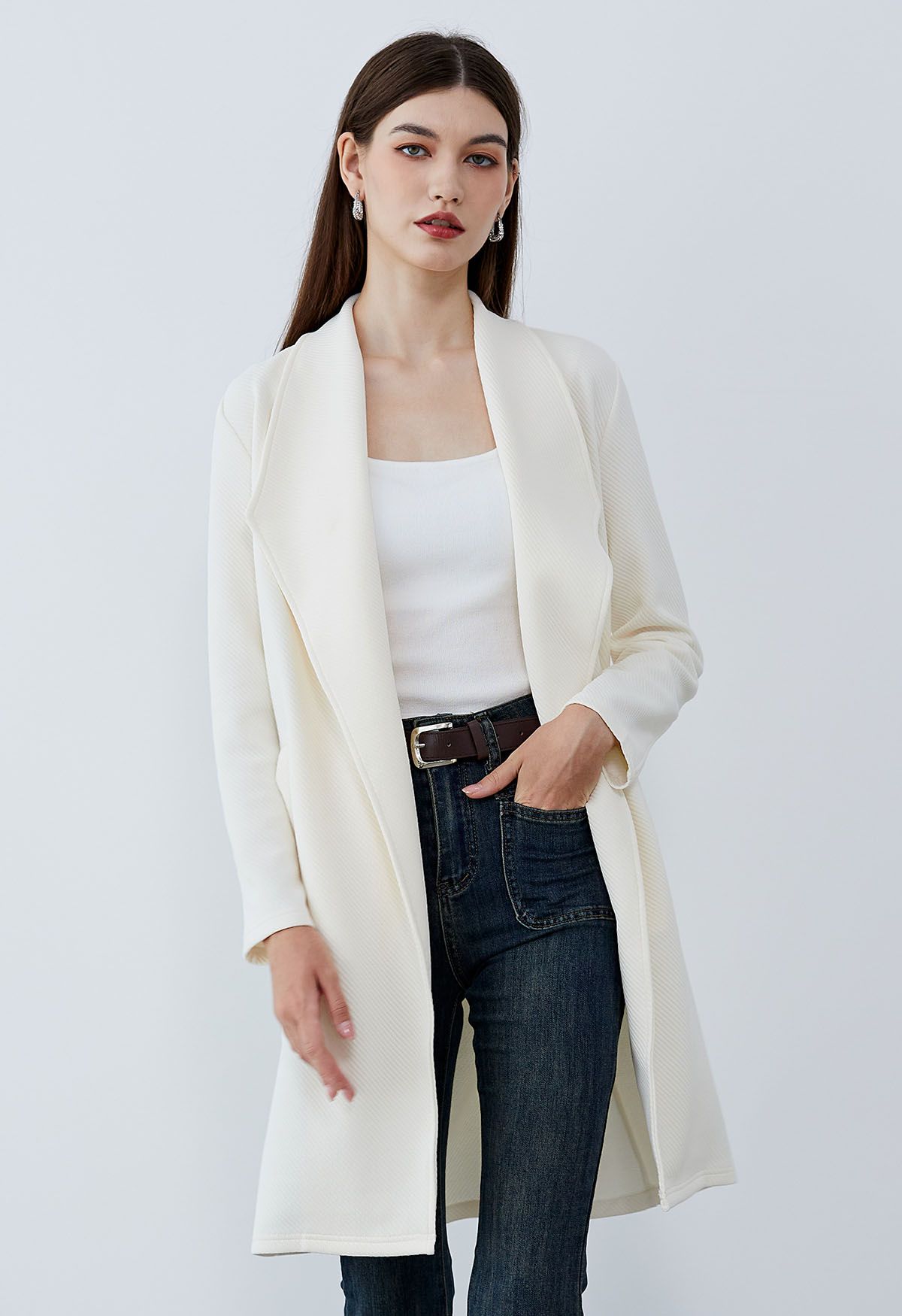 Lapel Open Front Quilted Cotton-Blend Coat in Ivory