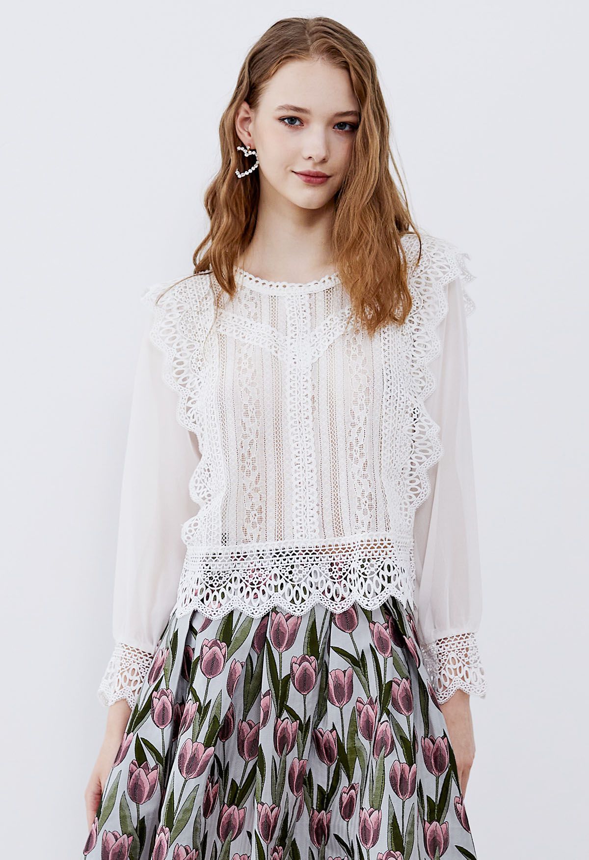 Sheer Sleeve Spliced Cutwork Lace Top in White