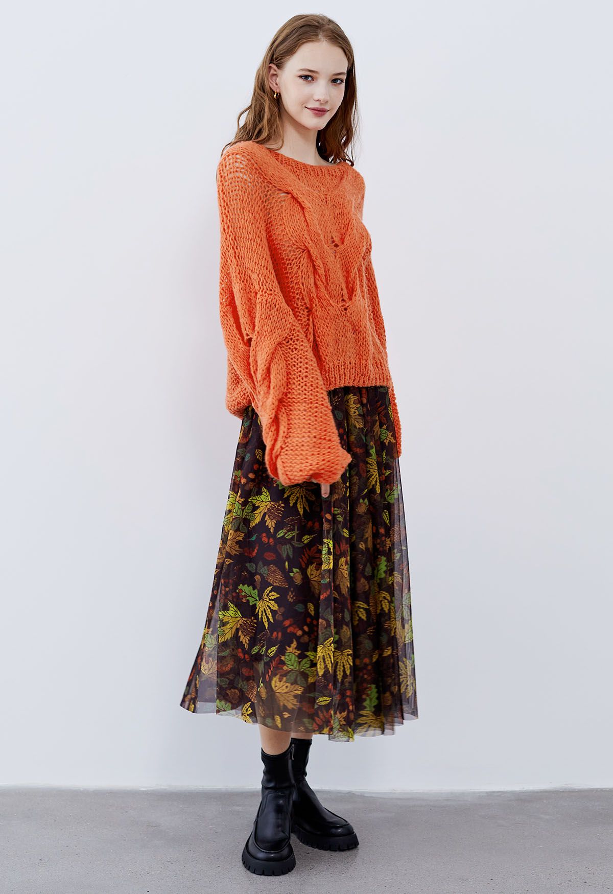 Fall-Inspired Mesh Tulle Midi Skirt