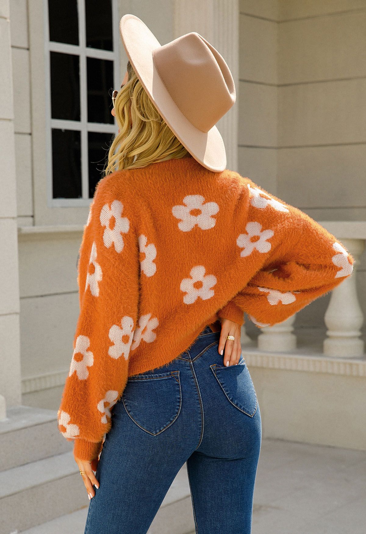 Cuteness Flowers Fuzzy Knit Cardigan in Orange