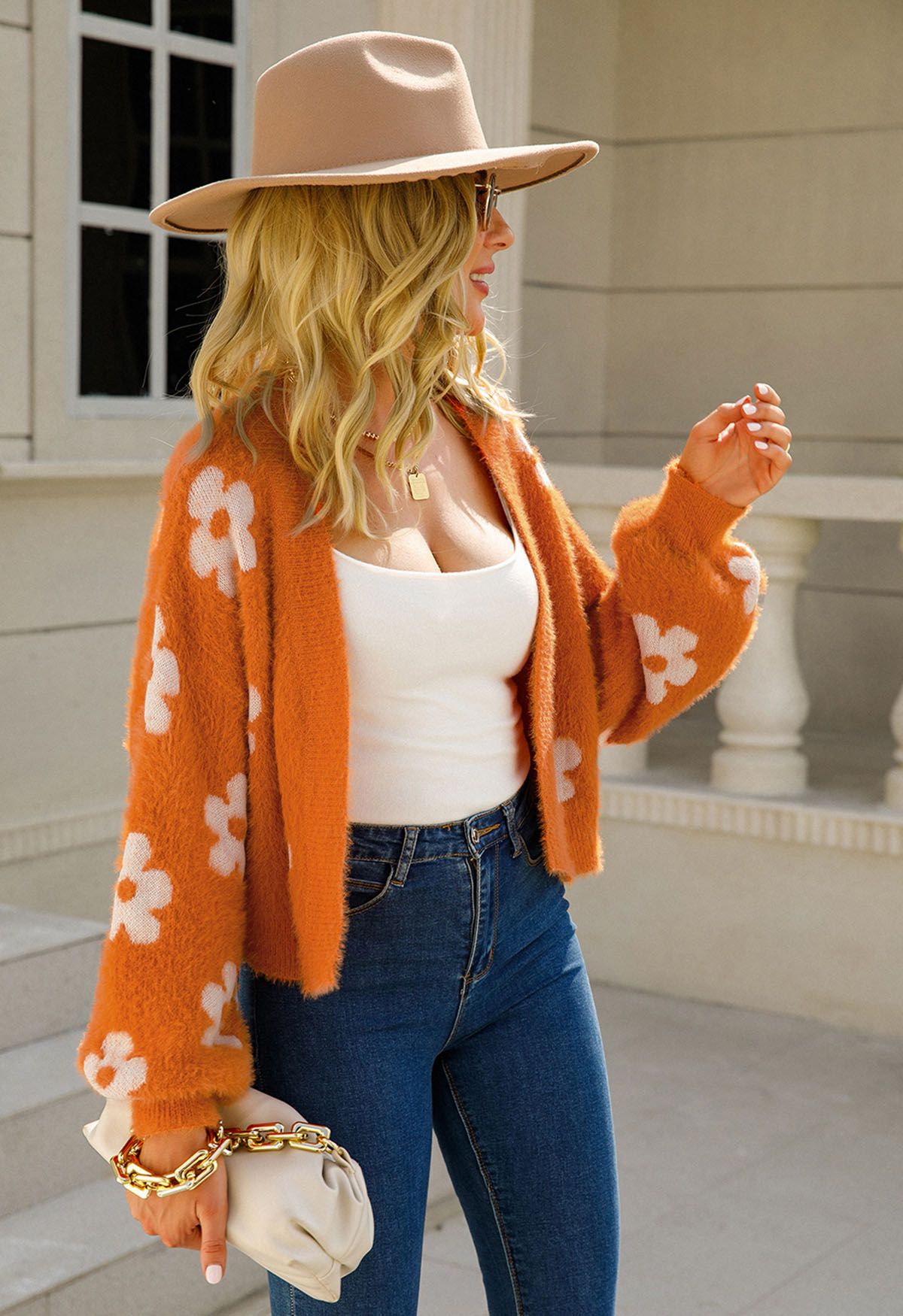 Cuteness Flowers Fuzzy Knit Cardigan in Orange