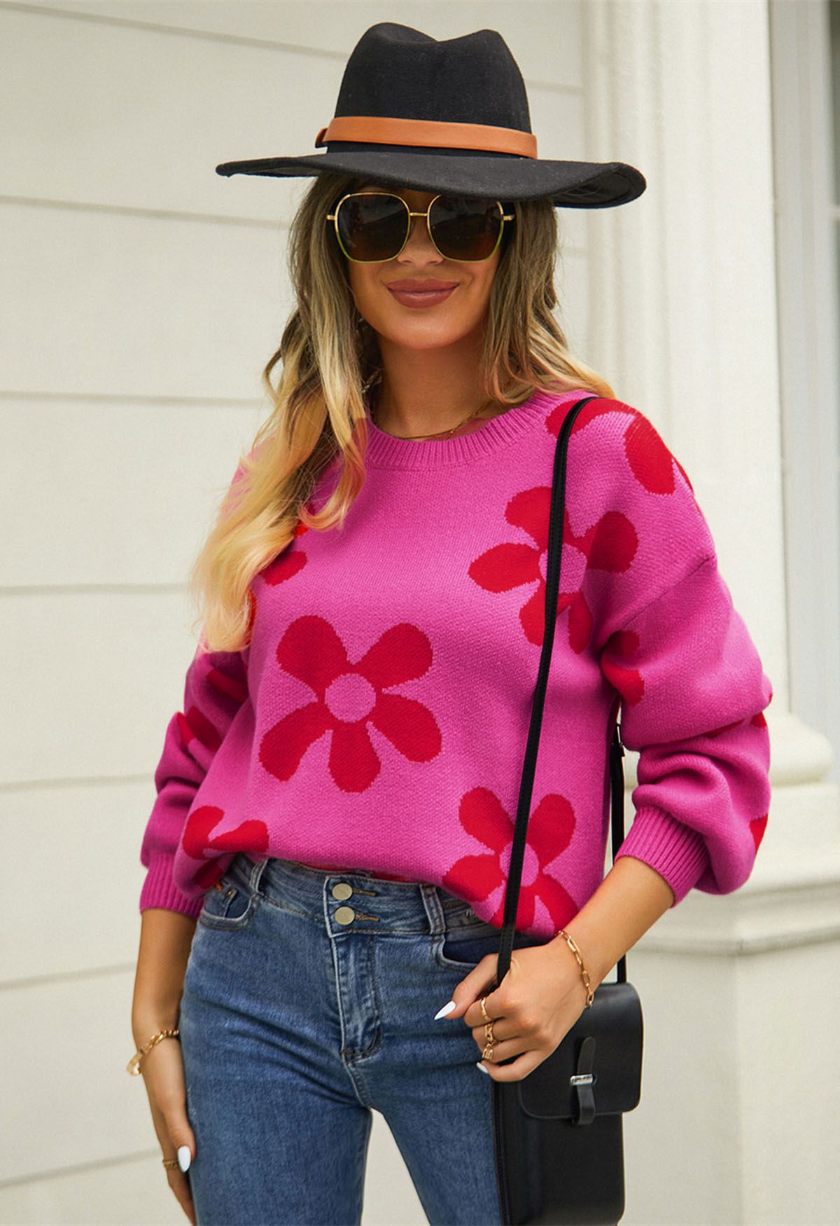 Cuteness Flowers Boxy Round Neck Knit Sweater in Hot Pink