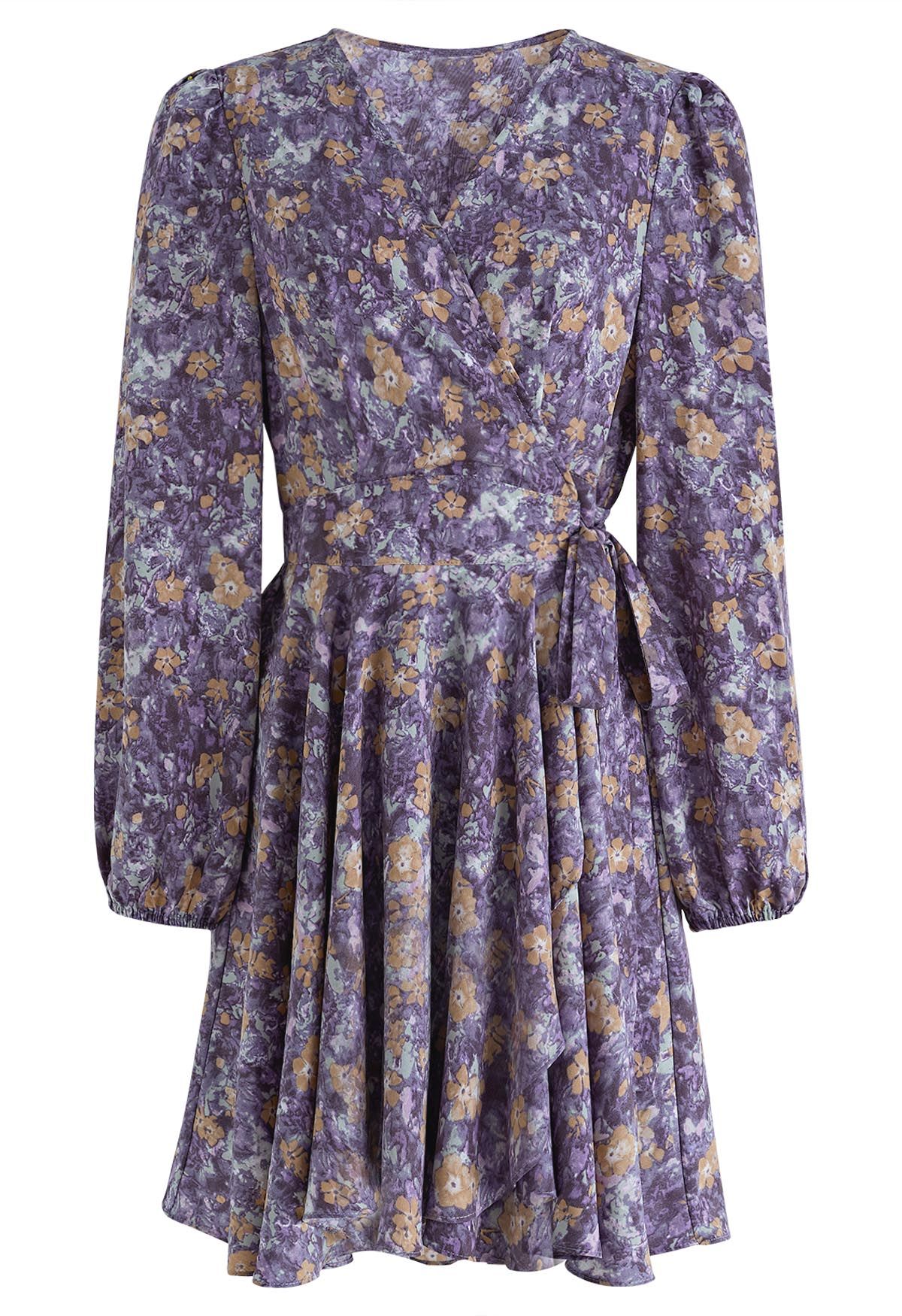 Floret Landscape Chiffon Wrap Mini Dress in Purple