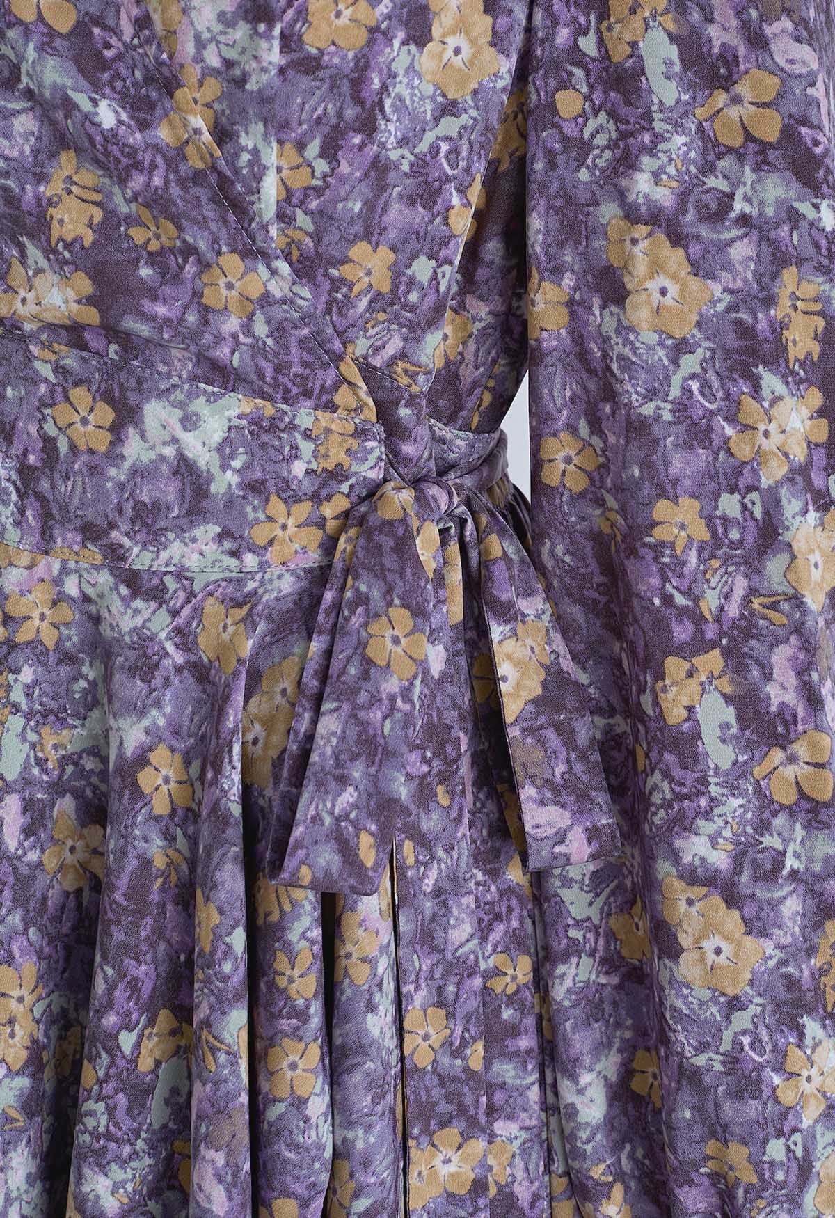 Floret Landscape Chiffon Wrap Mini Dress in Purple