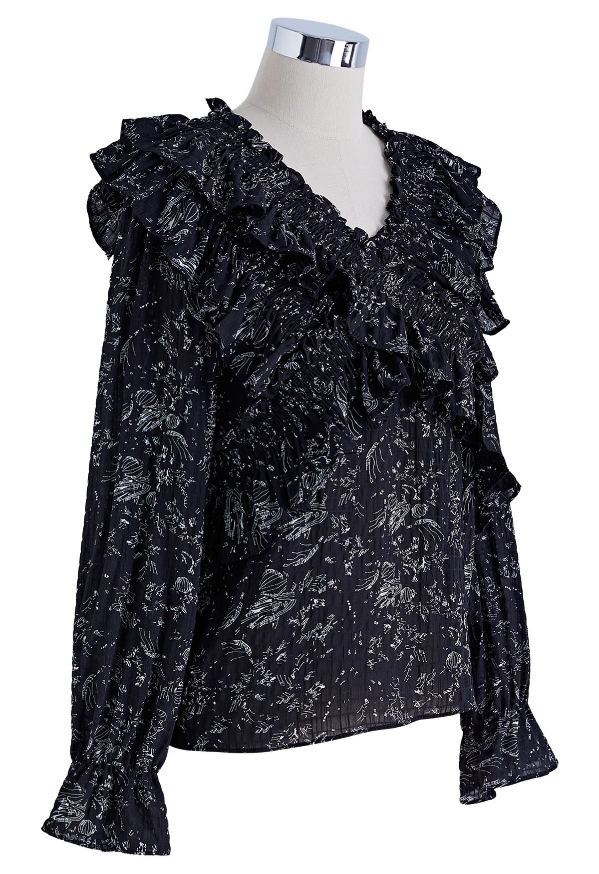 Abstract Print Cross Tiered Ruffled Top in Black