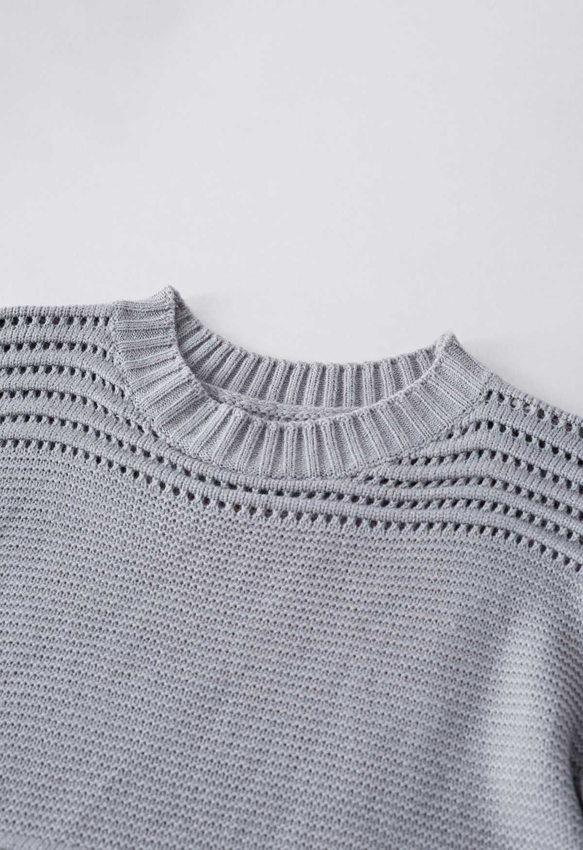 Stripe Embossed Openwork Knit Sweater in Grey