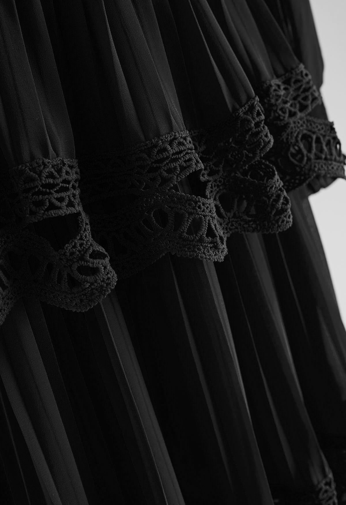Crochet Lace Pleated Tiered Chiffon Maxi Dress in Black