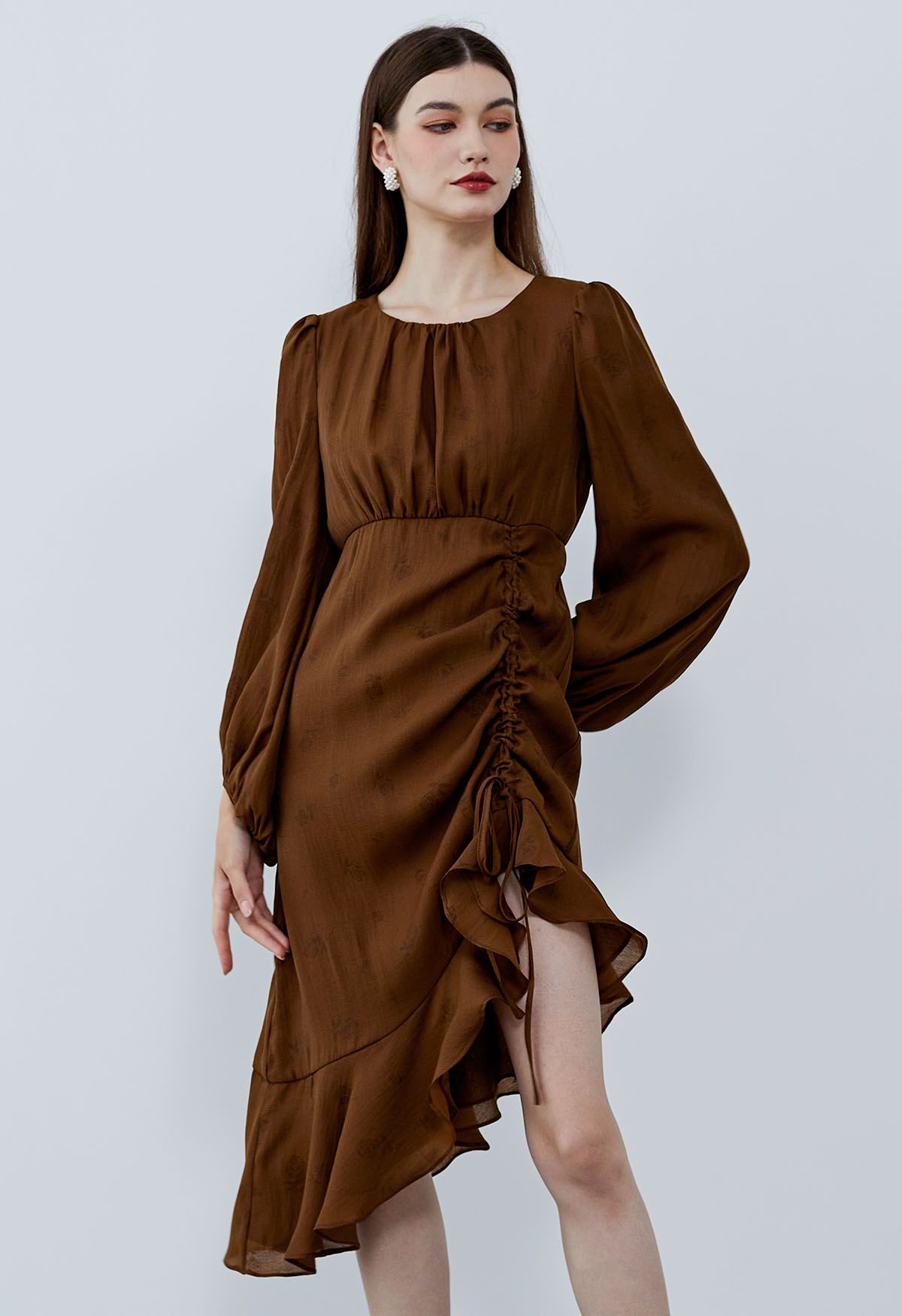 Asymmetric Ruffle Hem Floral Midi Dress in Brown