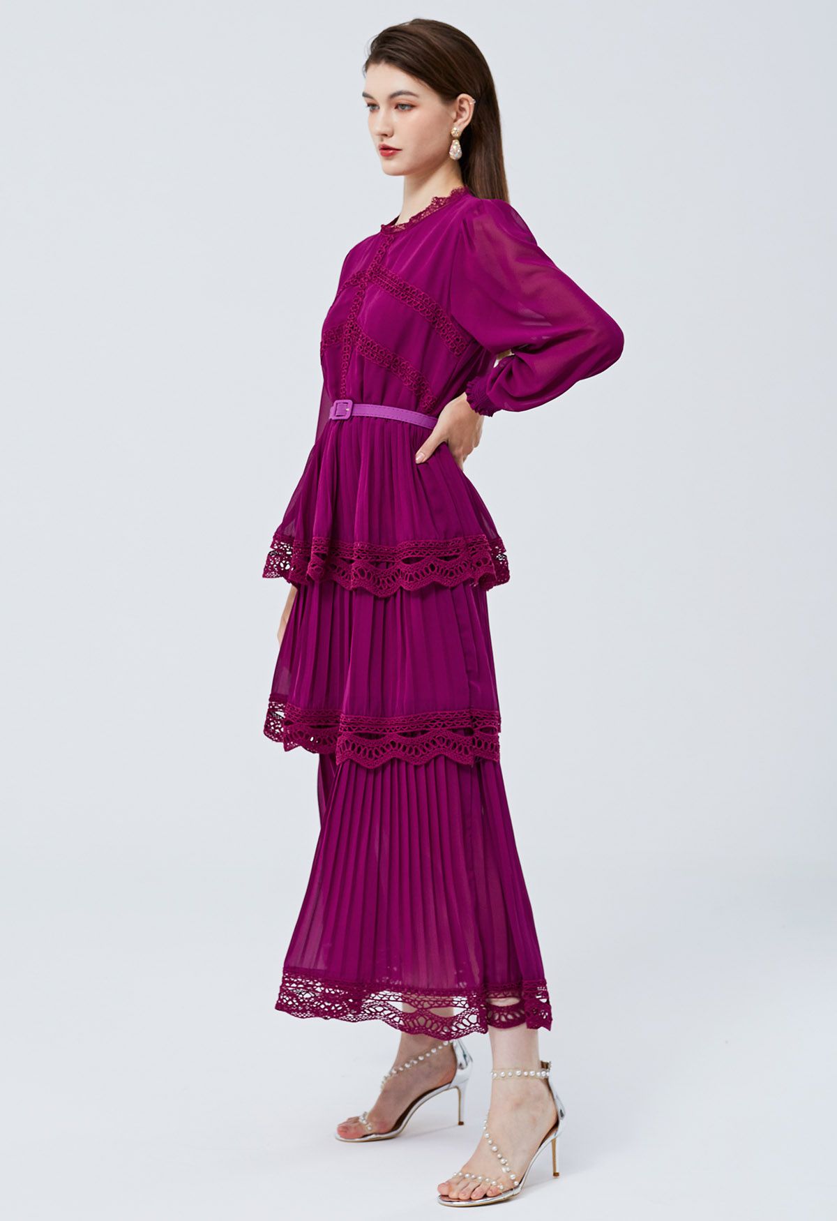 Crochet Lace Pleated Tiered Chiffon Maxi Dress in Burgundy