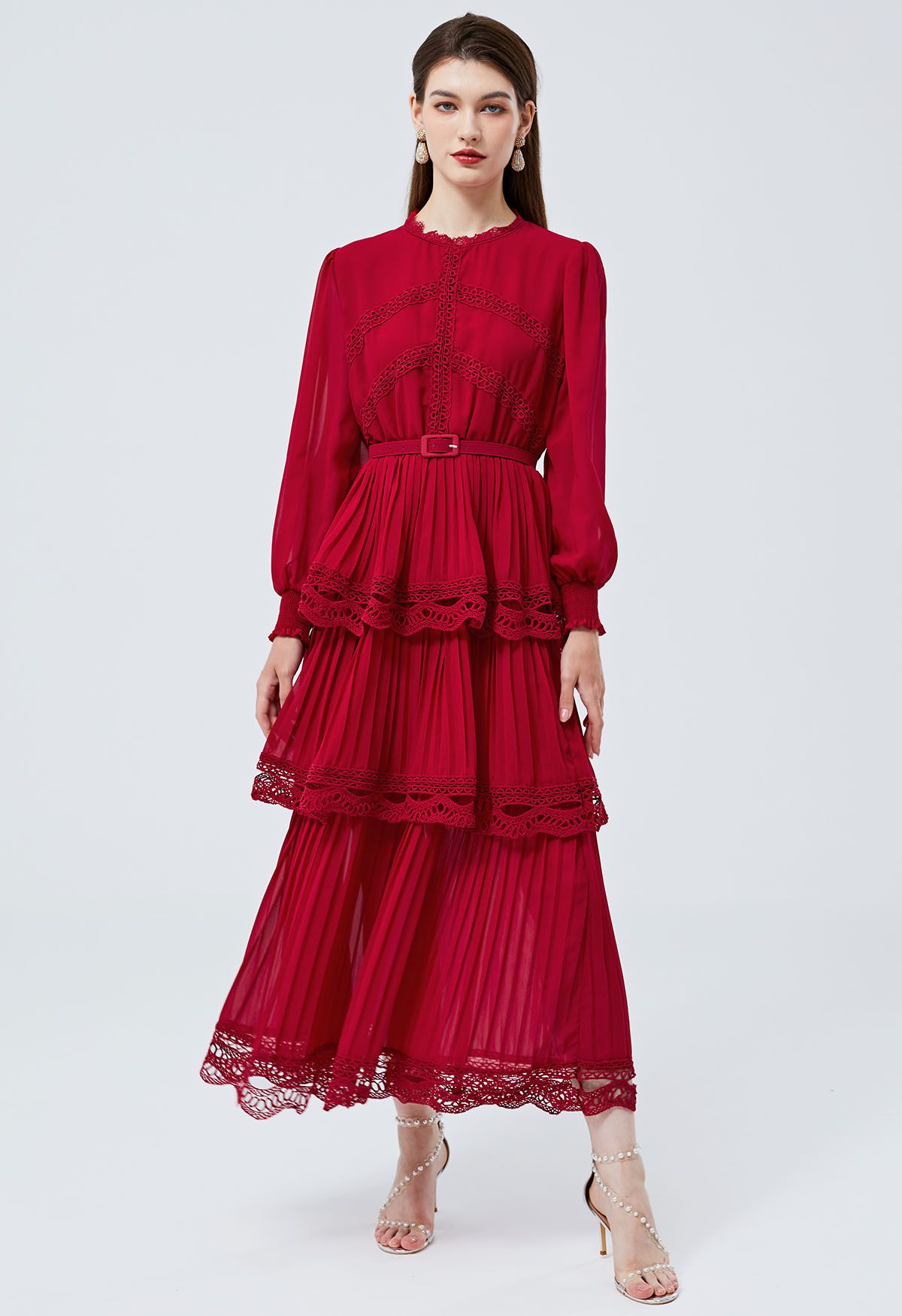 Crochet Lace Pleated Tiered Chiffon Maxi Dress in Red