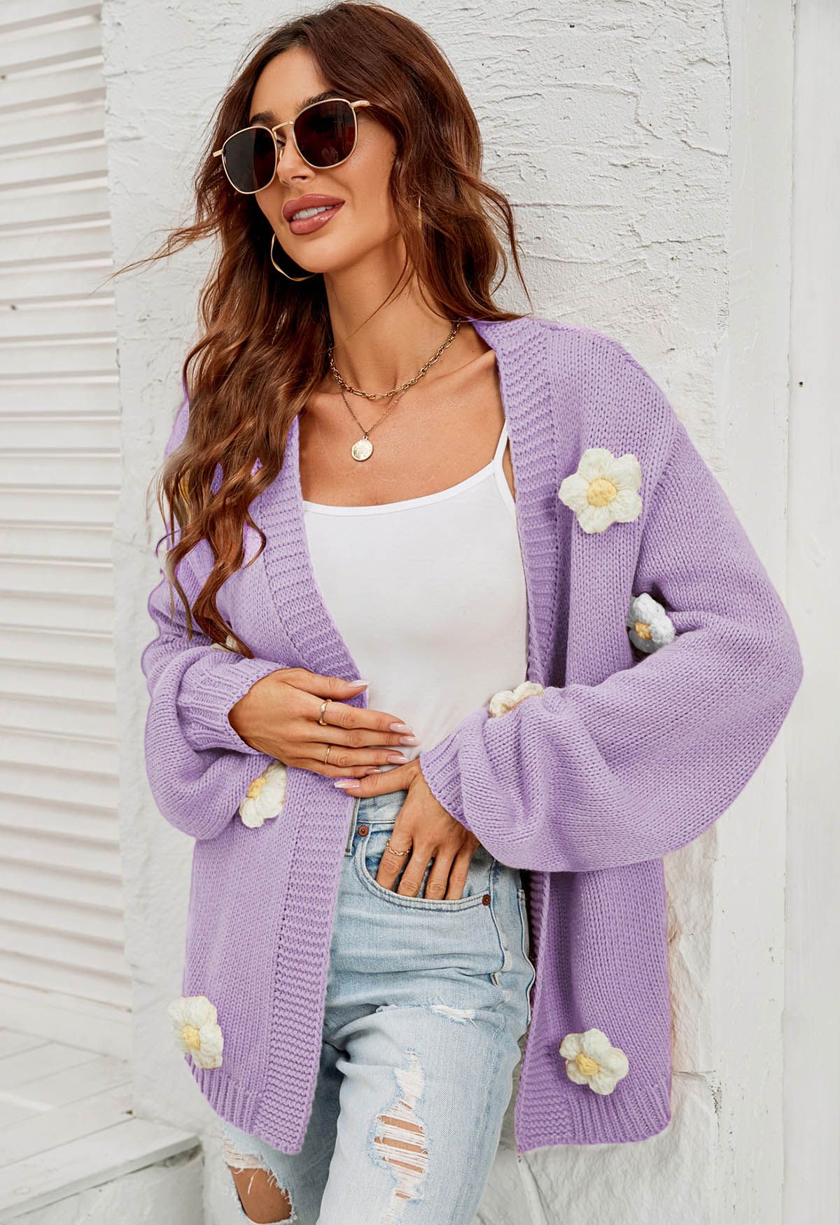 3D Stitch Flower Open Front Knit Cardigan in Lilac