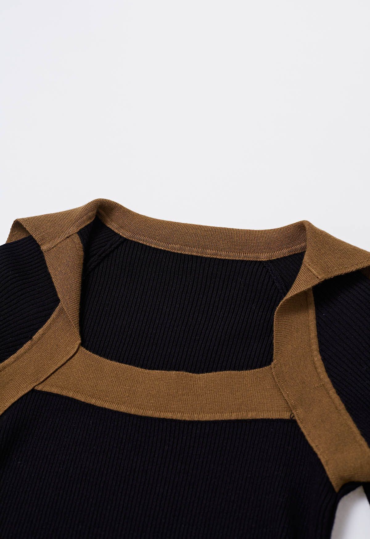 Square Neck Collared Color Block Knit Top in Black