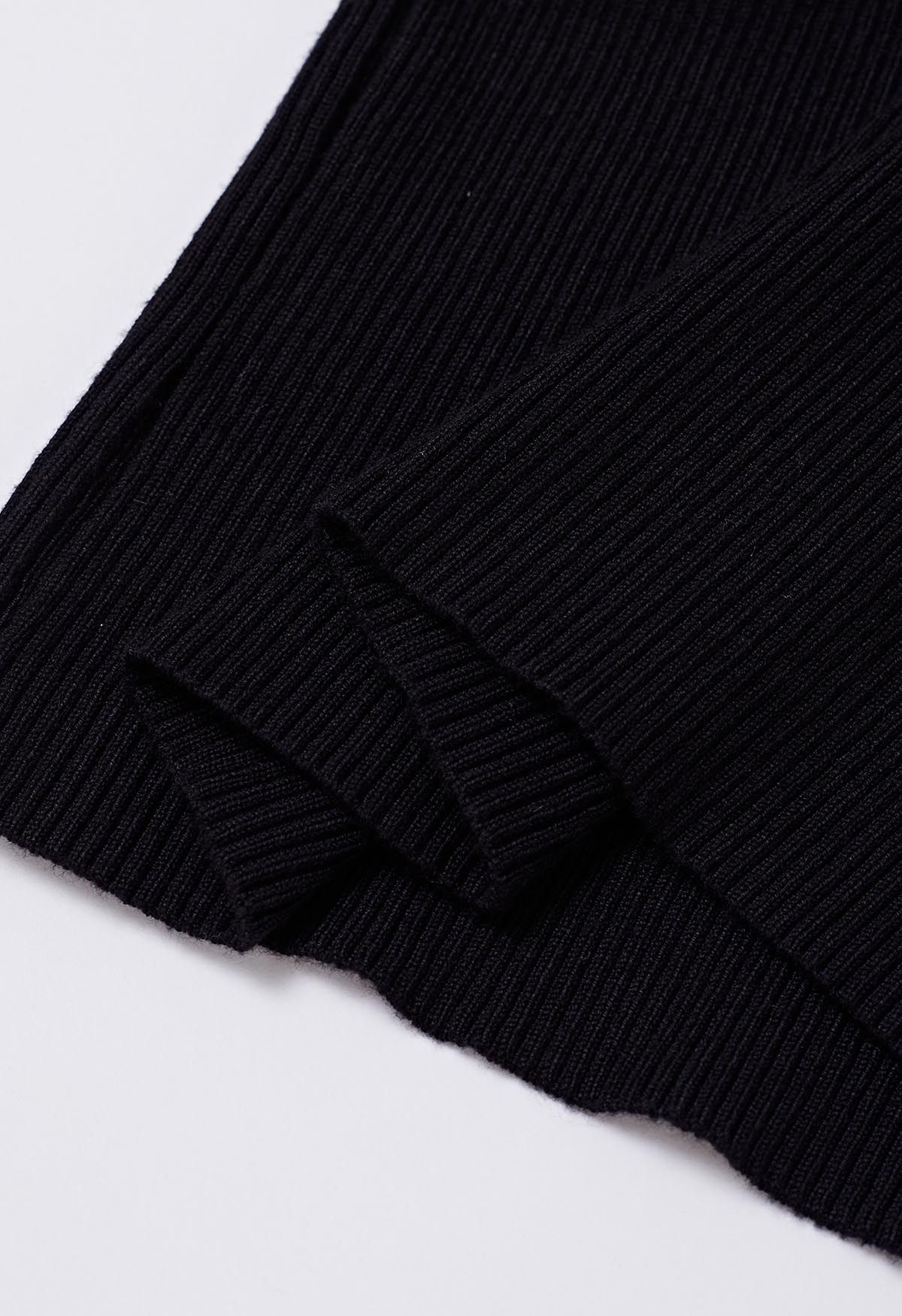 Square Neck Collared Color Block Knit Top in Black