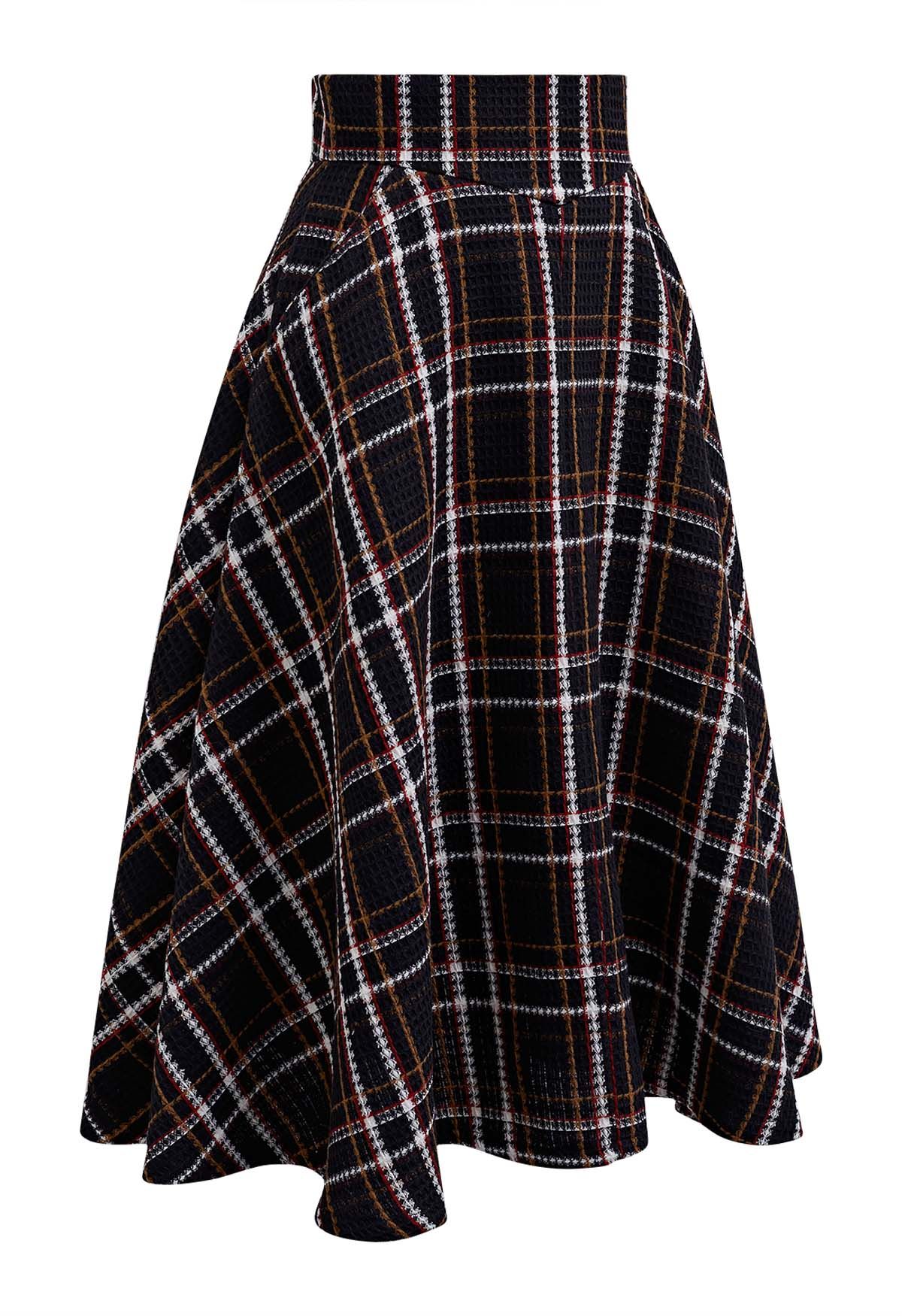 Plaid Tweed High-Waist A-Line Midi Skirt in Black