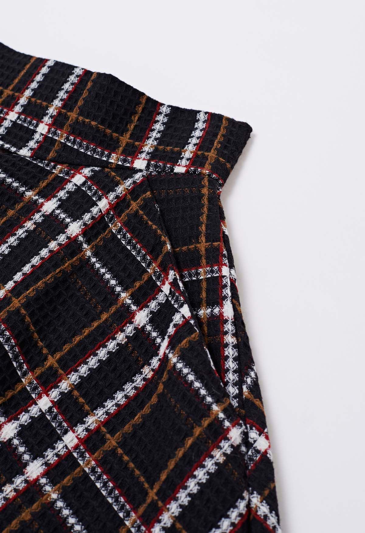 Plaid Tweed High-Waist A-Line Midi Skirt in Black