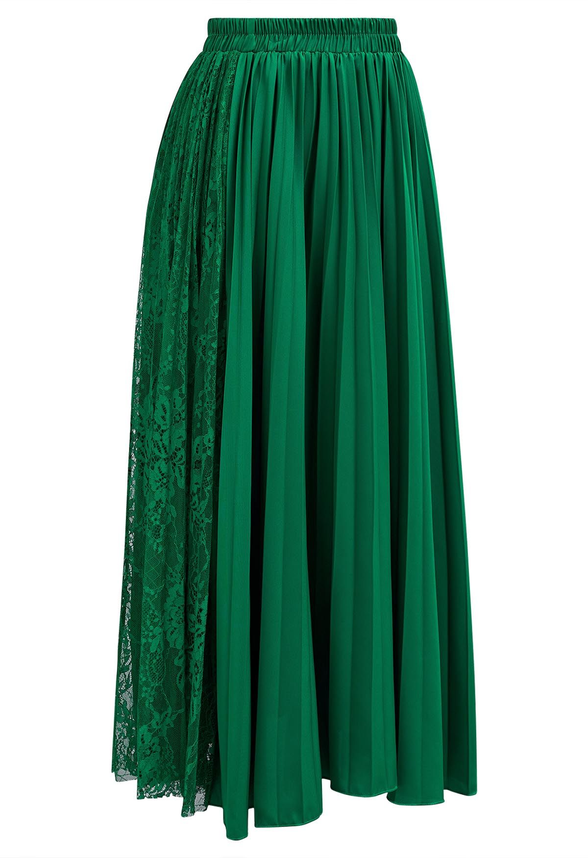 Lace Panelled Pleated Midi Skirt in Green