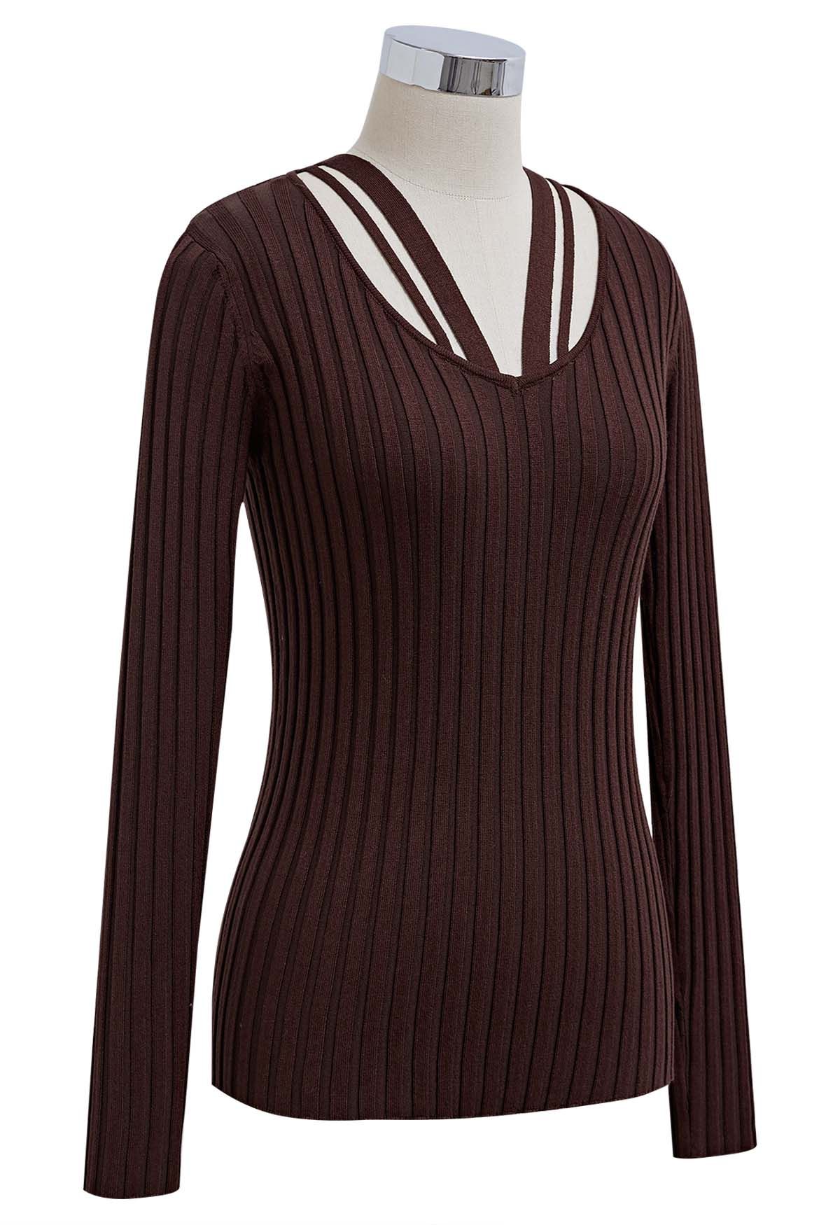 Strappy Neckline Stripe Knit Top in Brown