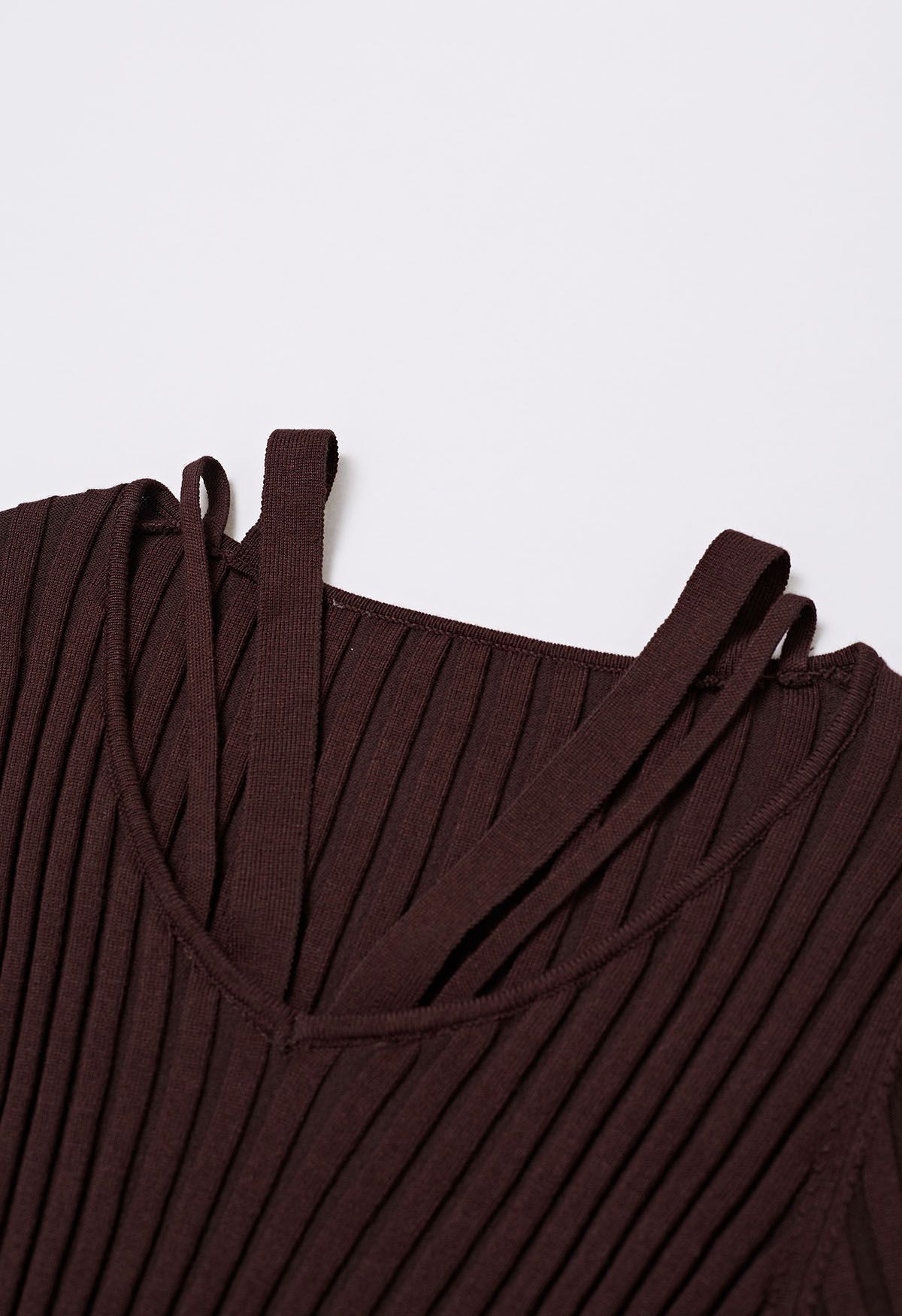 Strappy Neckline Stripe Knit Top in Brown