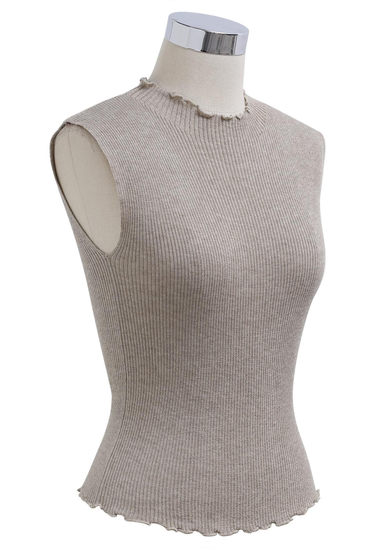 Glittery Lettuce Edge Sleeveless Knit Top in Taupe