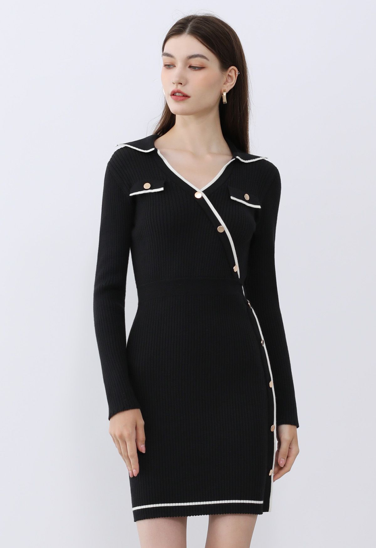 Collared Golden Button Decorated Ribbed Knit Dress in Black