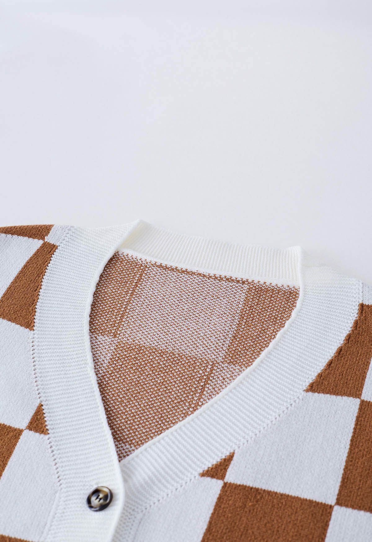 Check Pattern V-Neck Button Down Cardigan in Camel