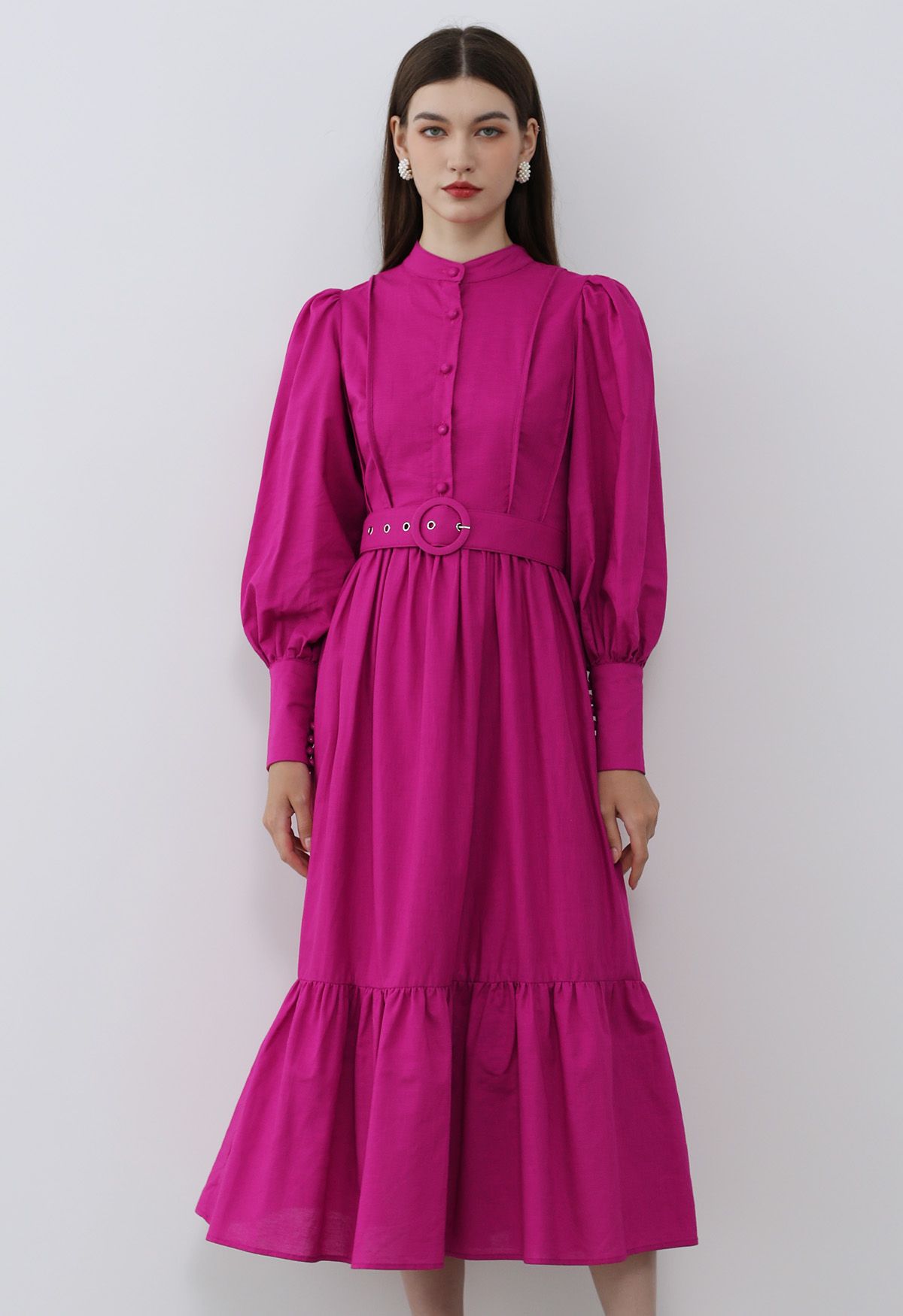 Lantern Sleeve Button Down Linen-Blend Midi Dress in Magenta