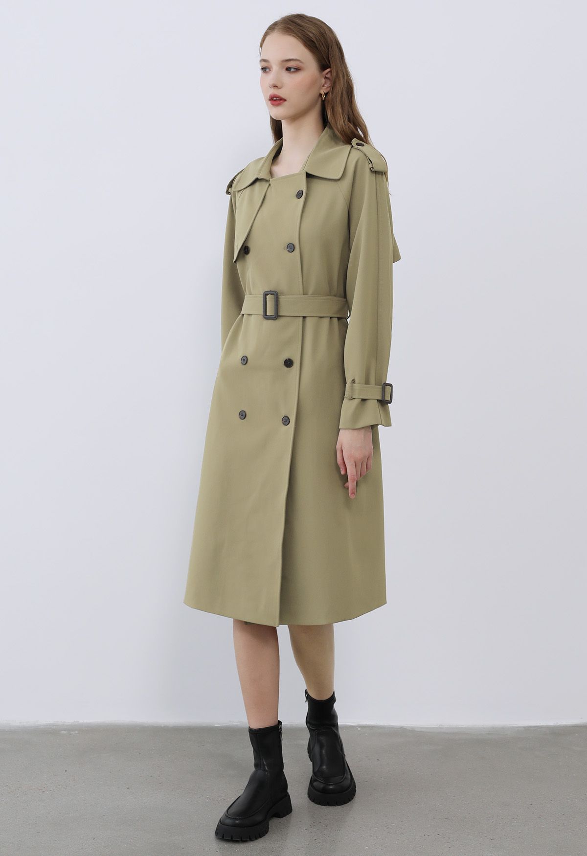 Tailored Double-Breasted Belted Trench Coat in Khaki