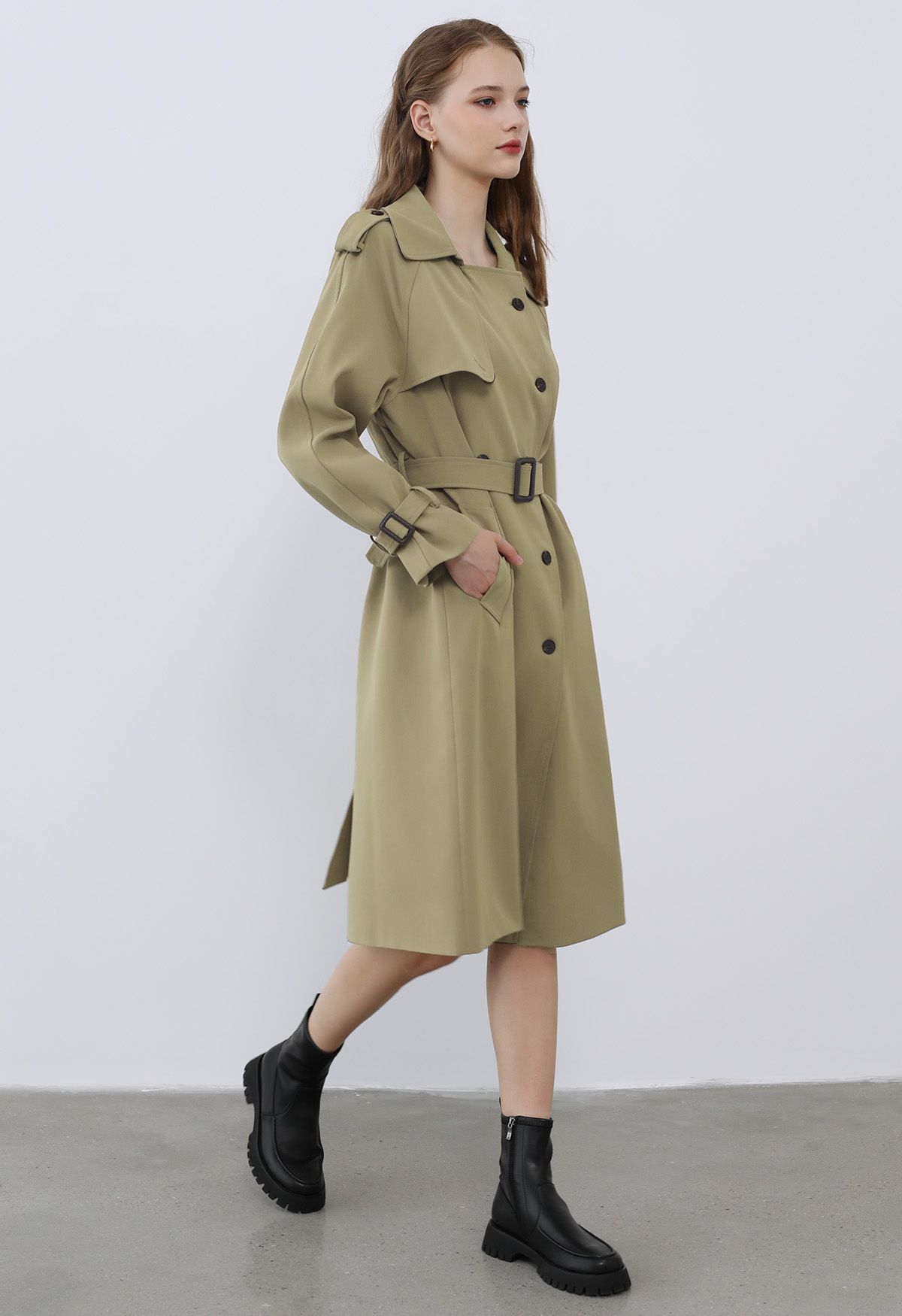 Tailored Double-Breasted Belted Trench Coat in Khaki