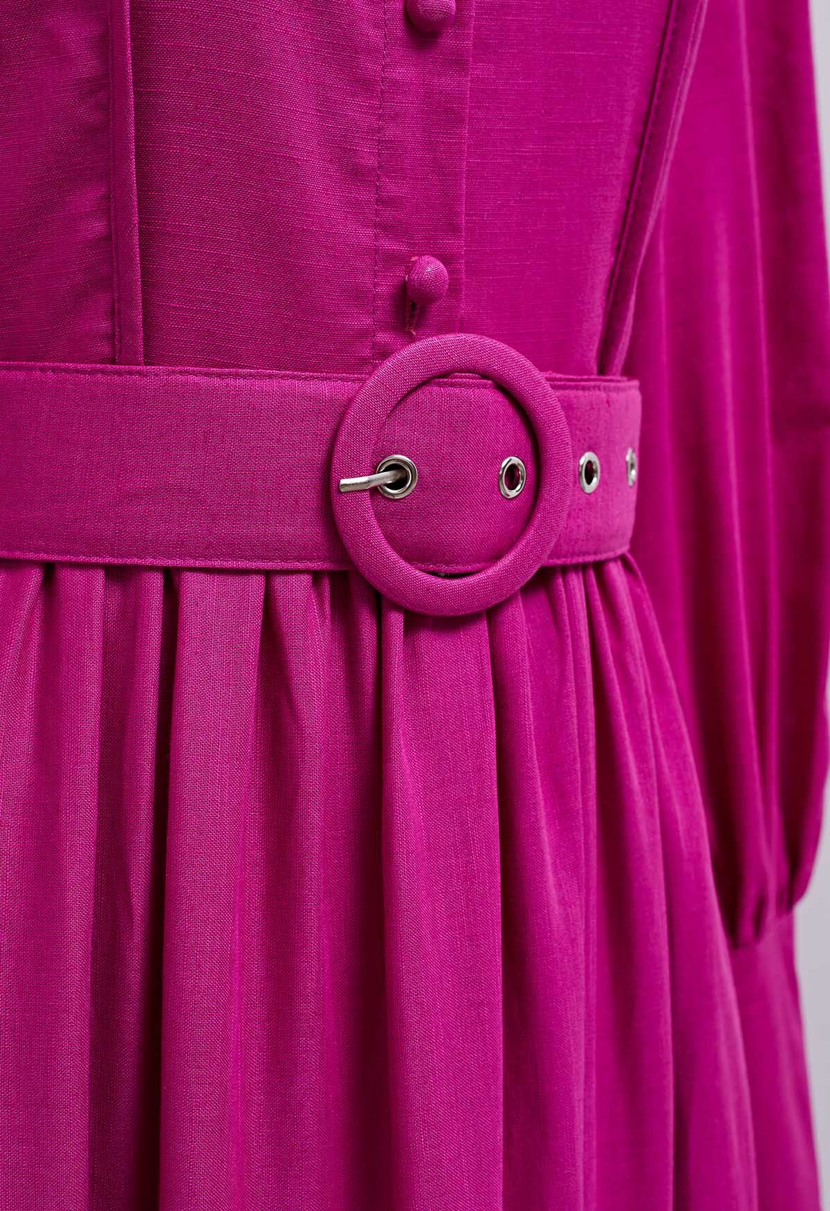 Lantern Sleeve Button Down Linen-Blend Midi Dress in Magenta