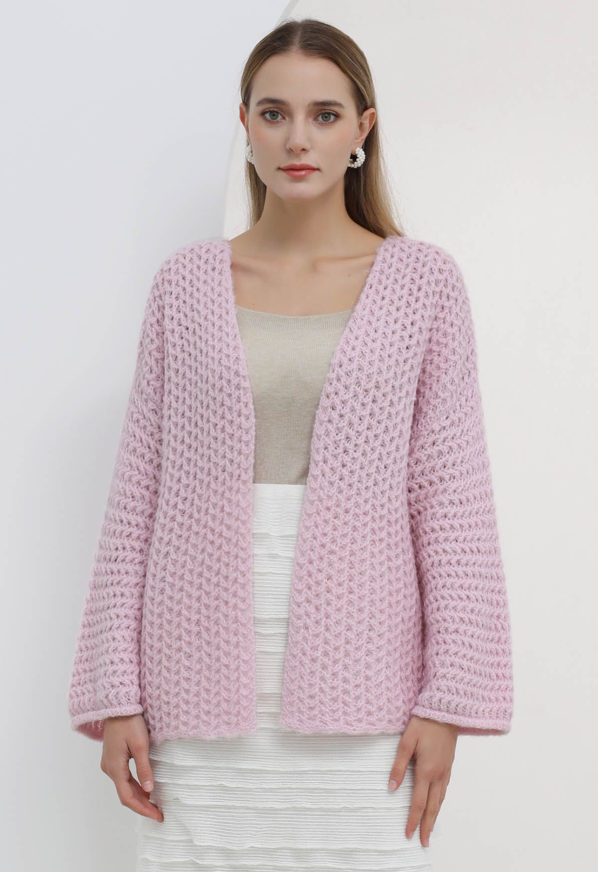 Open Front Hollow Out Knit Cardigan in Pink