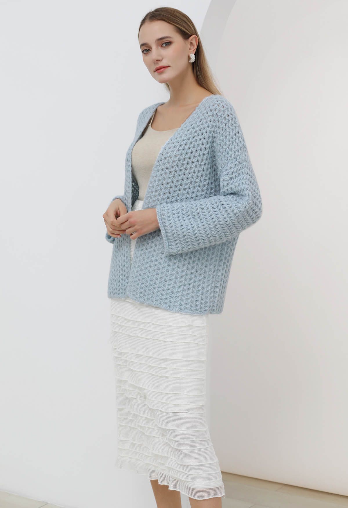 Open Front Hollow Out Knit Cardigan in Blue