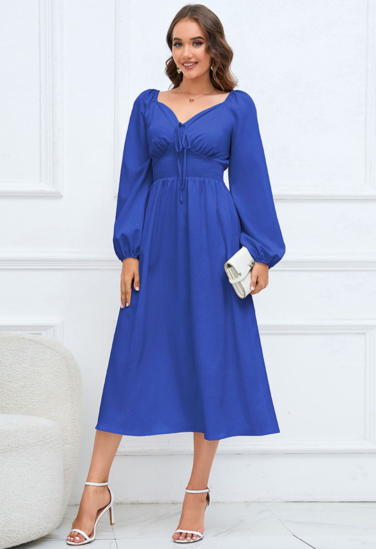 Sweetheart Neck Tie Front Midi Dress in Indigo