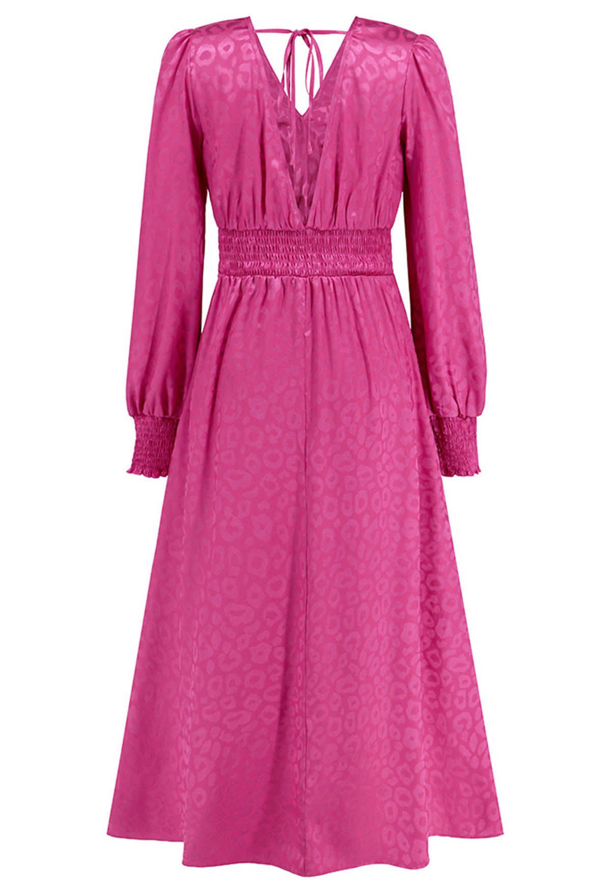 Glossy Leopard Jacquard Ruffle Maxi Dress in Magenta