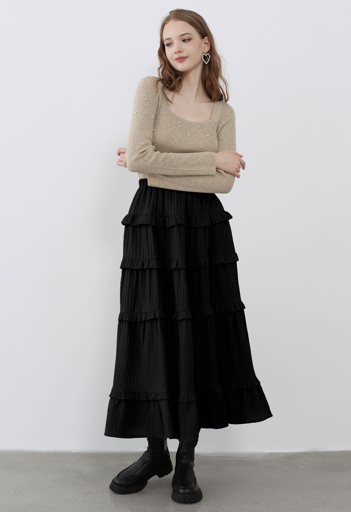 Ruffle Tiered Stripe Texture Maxi Skirt in Black