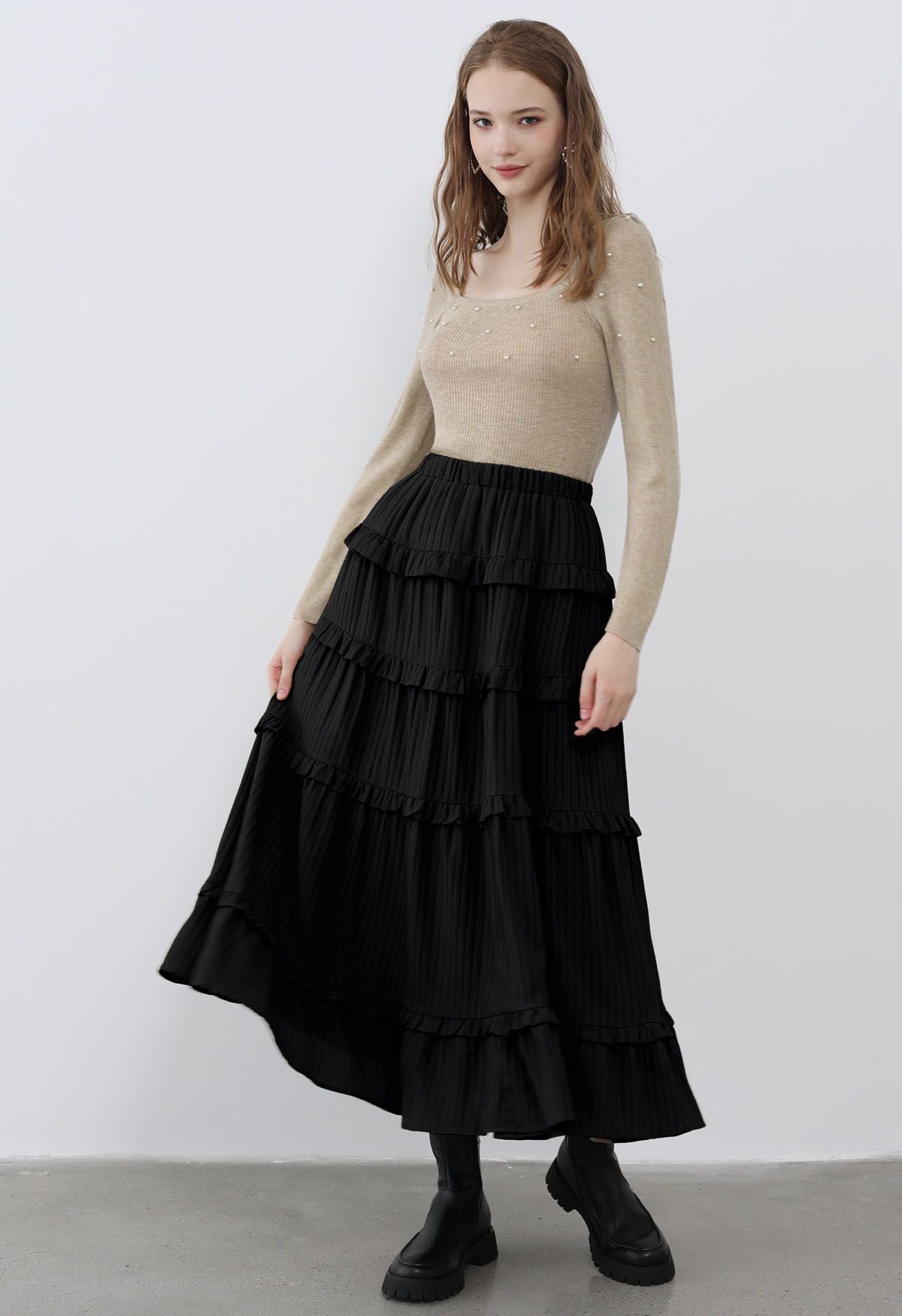 Ruffle Tiered Stripe Texture Maxi Skirt in Black