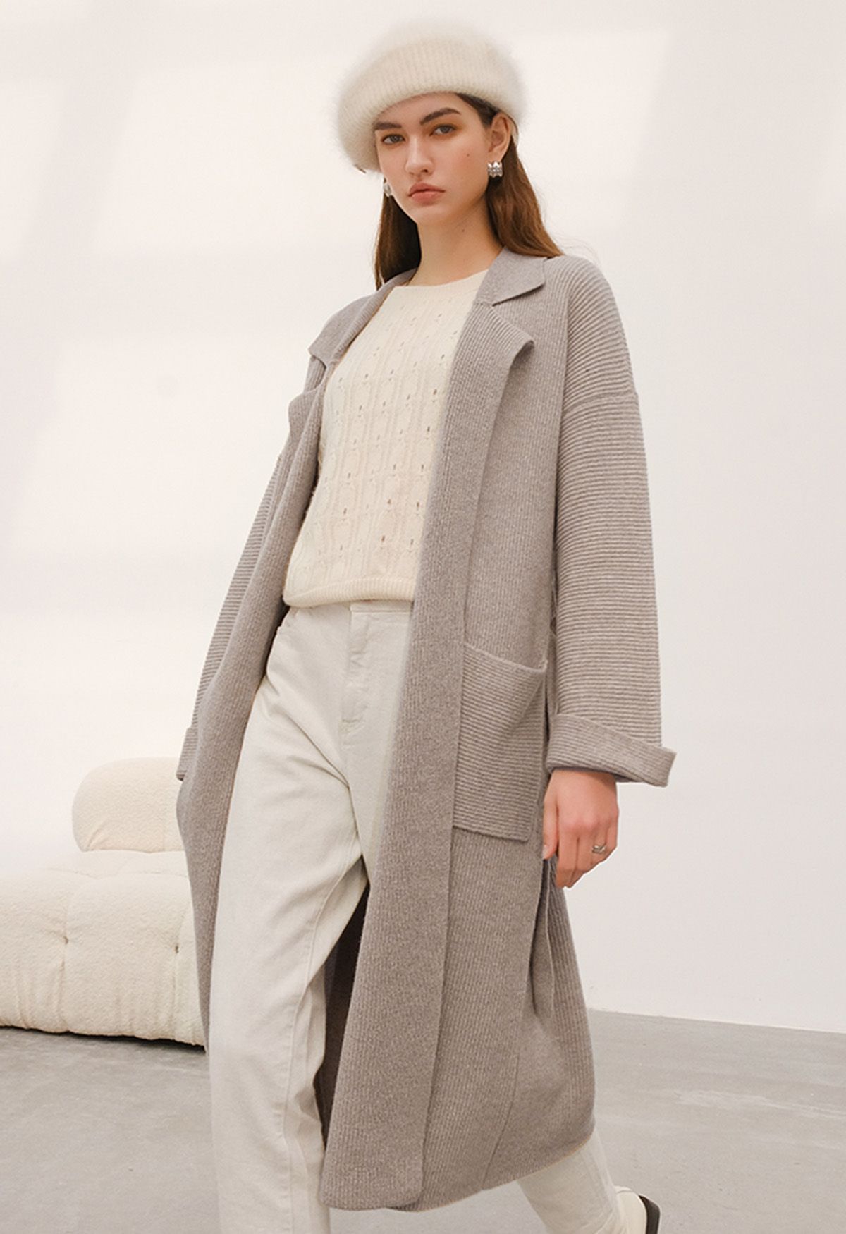 Notch Lapel Belted Longline Knit Cardigan in Taupe
