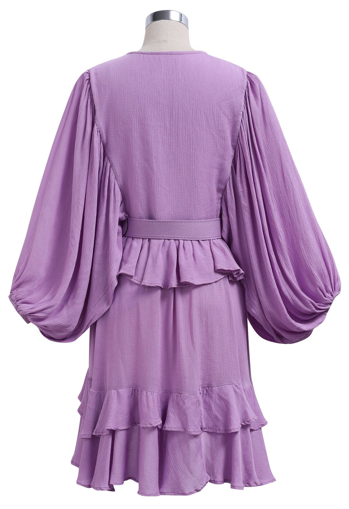 Exaggerated Bubble Sleeve Belted Ruffle Dress in Lilac