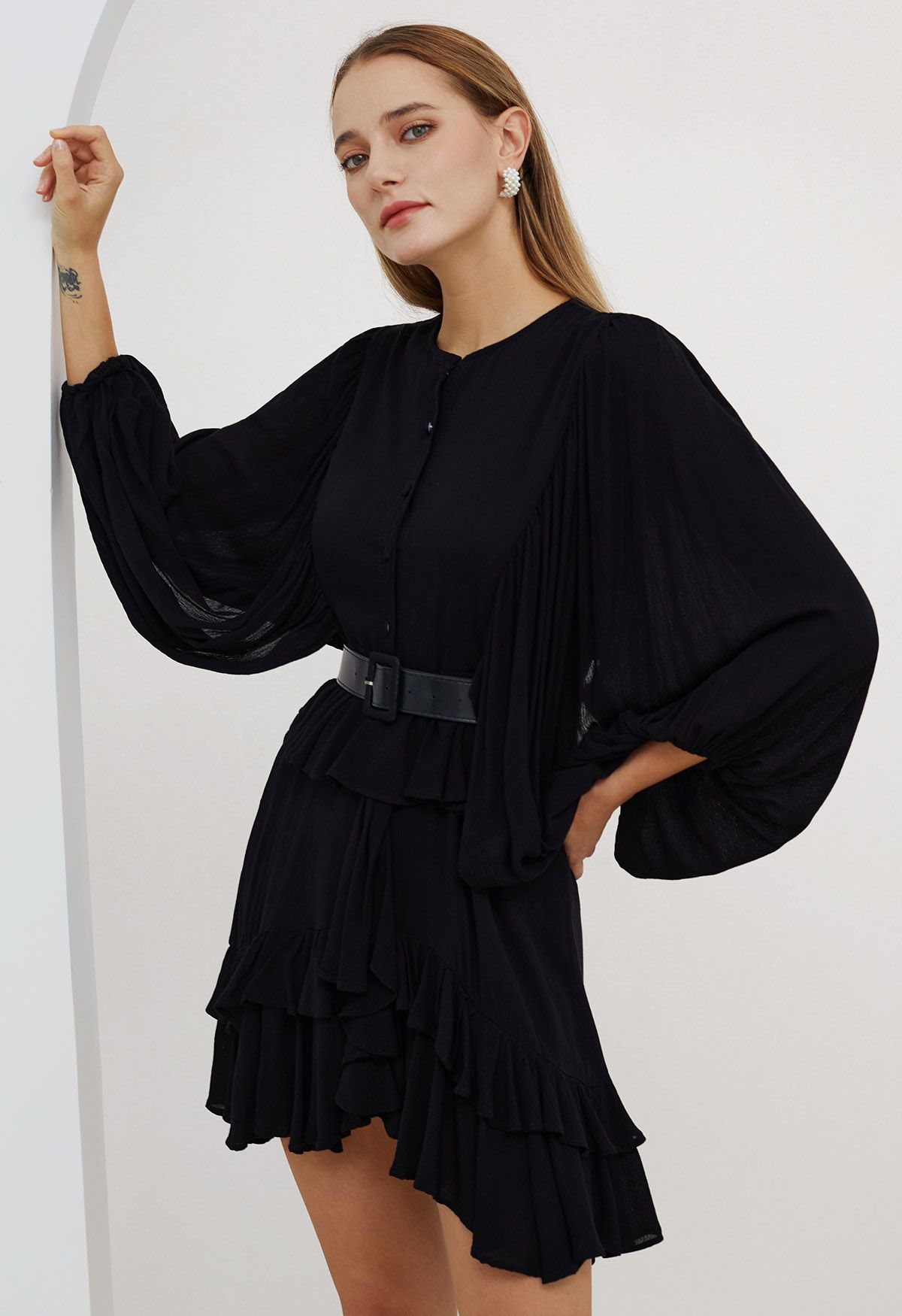 Exaggerated Bubble Sleeve Belted Ruffle Dress in Black