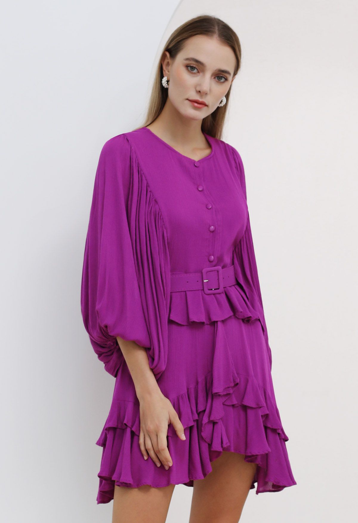 Exaggerated Bubble Sleeve Belted Ruffle Dress in Magenta