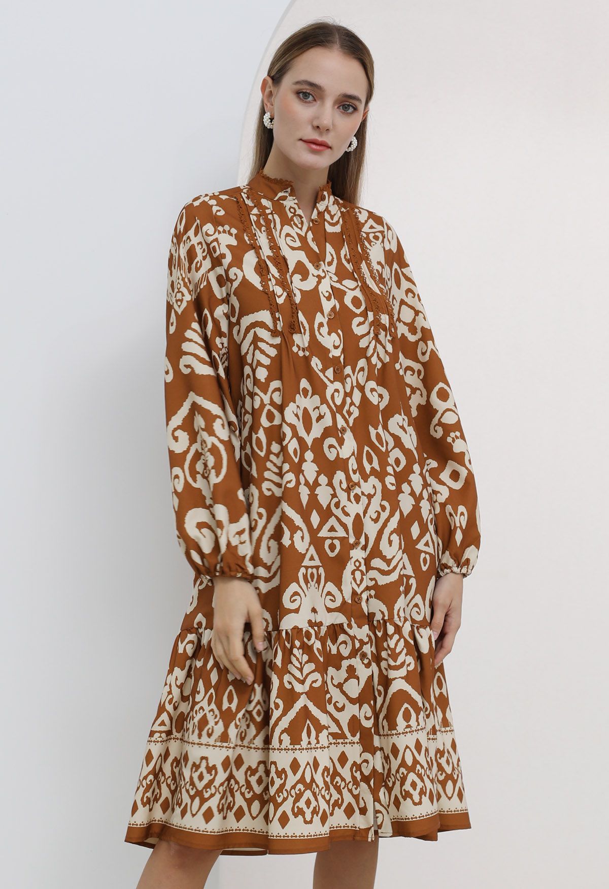 Bohemian Print Bubble Sleeves Frilling Dress