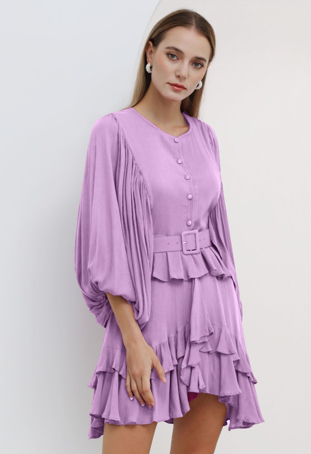 Exaggerated Bubble Sleeve Belted Ruffle Dress in Lilac