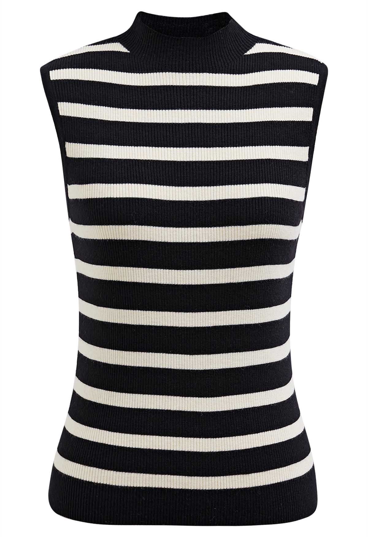 Contrast Stripe Sleeveless Knit Top in Black