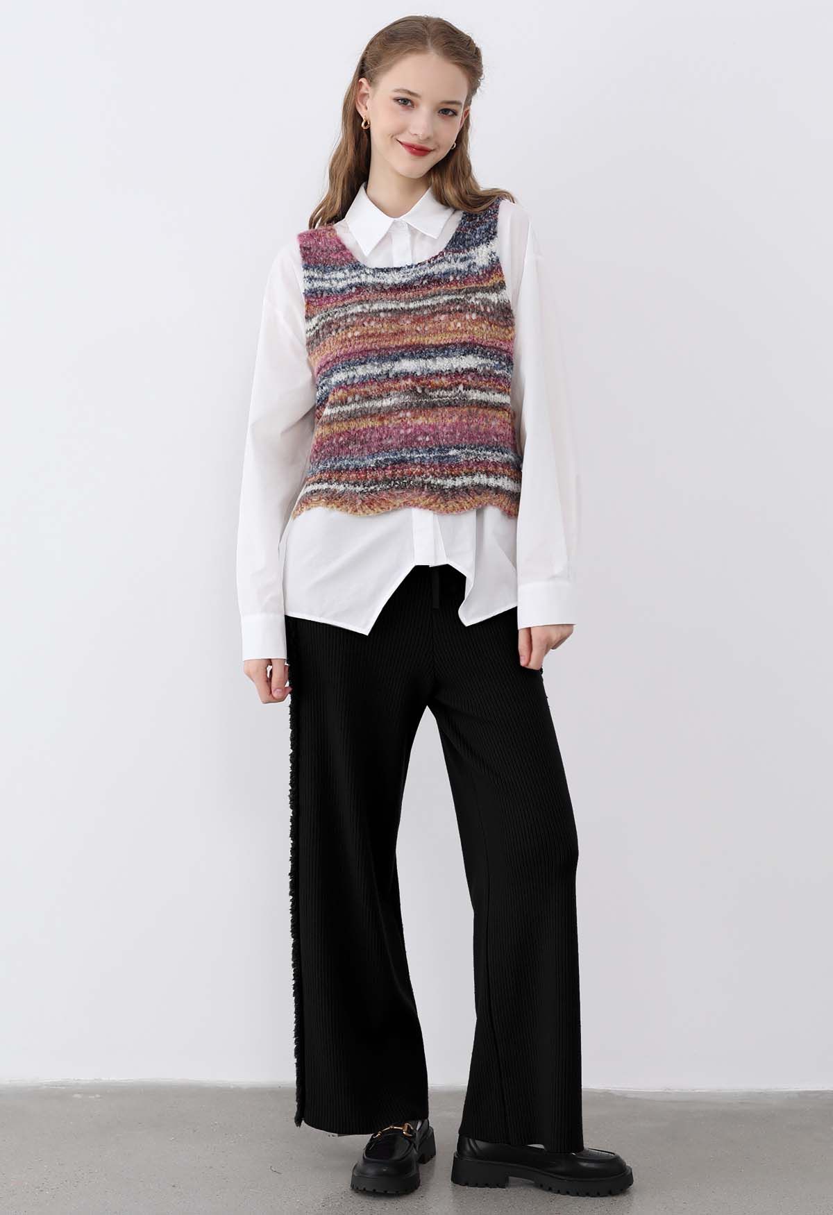 Side Tassel Trim Straight-Leg Knit Pants in Black