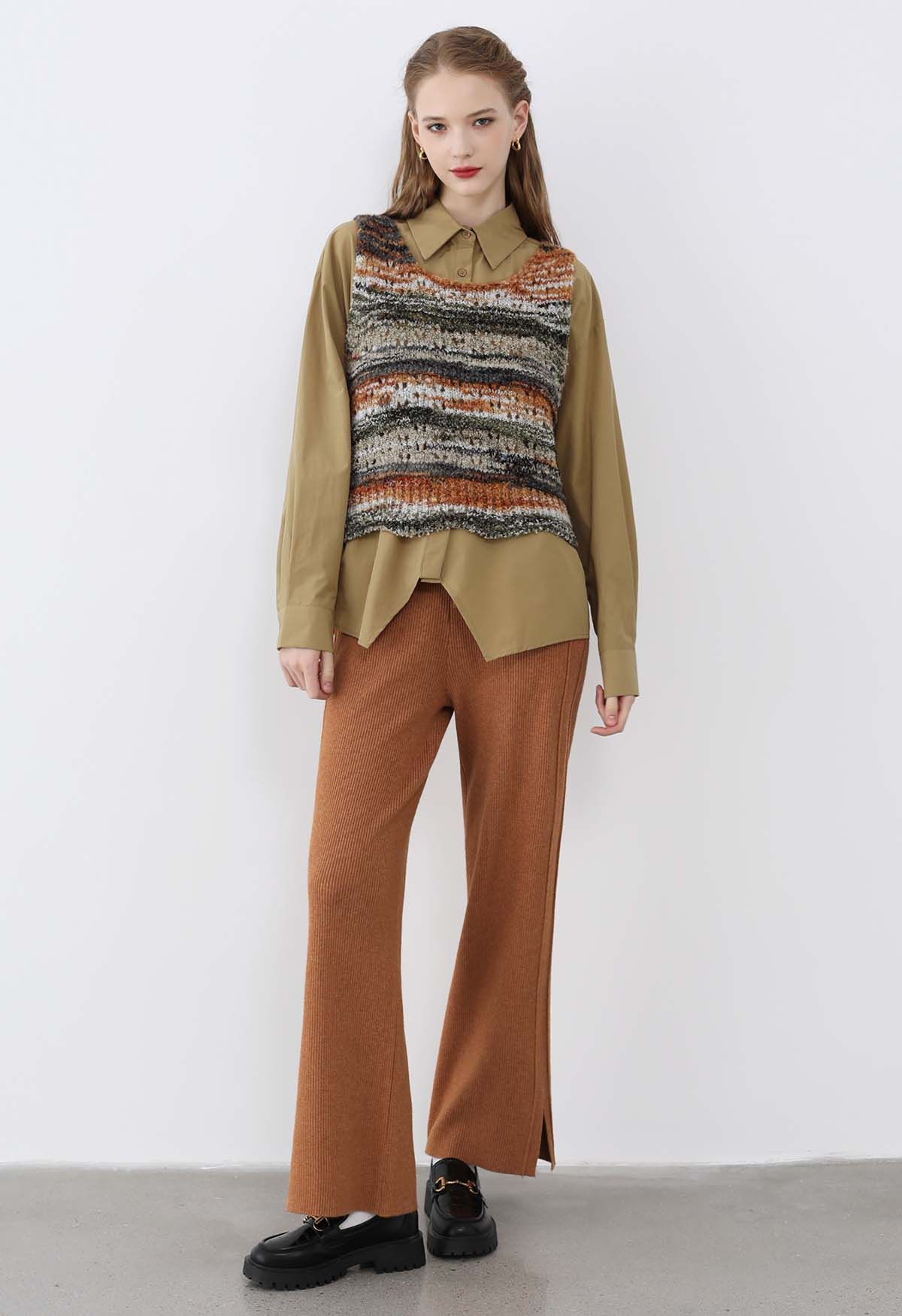 Multicolor Stripes Hollow Out Knit Vest in Camel