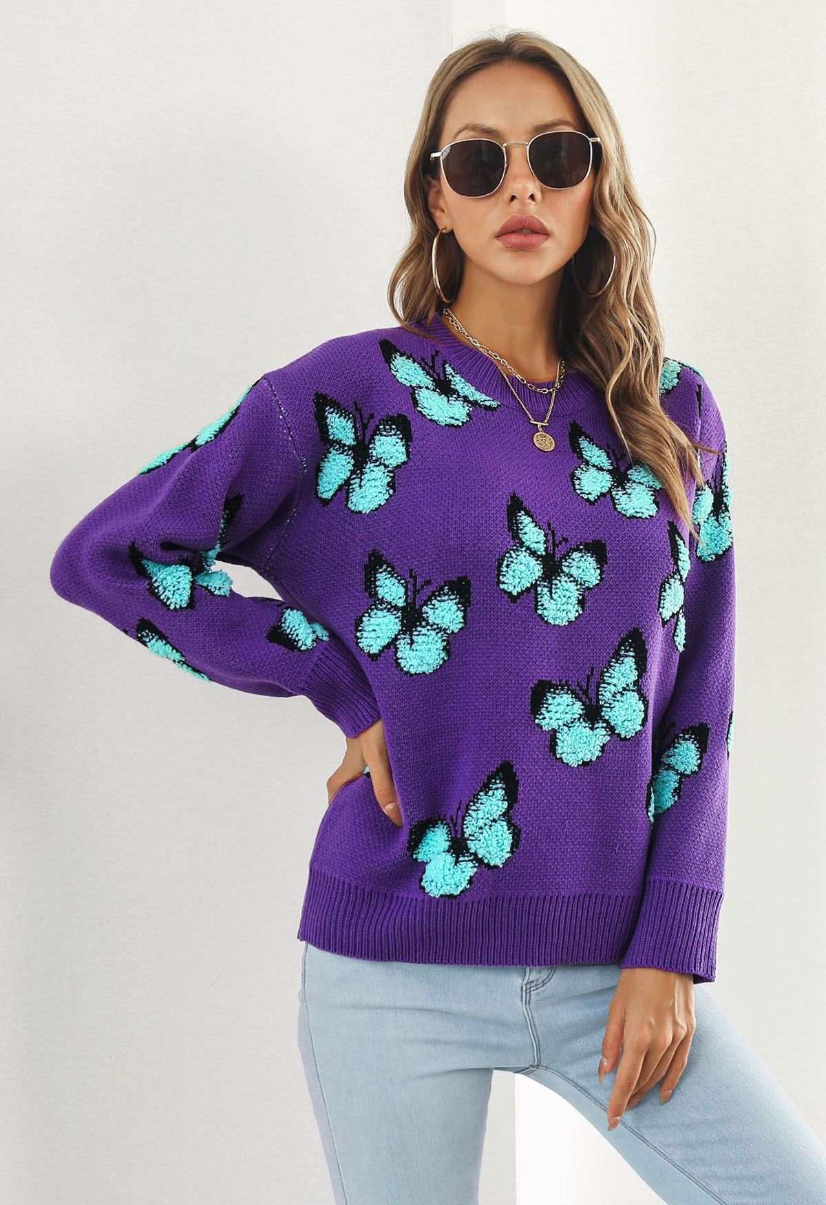 Balletic Butterfly Ribbed Knit Sweater in Purple