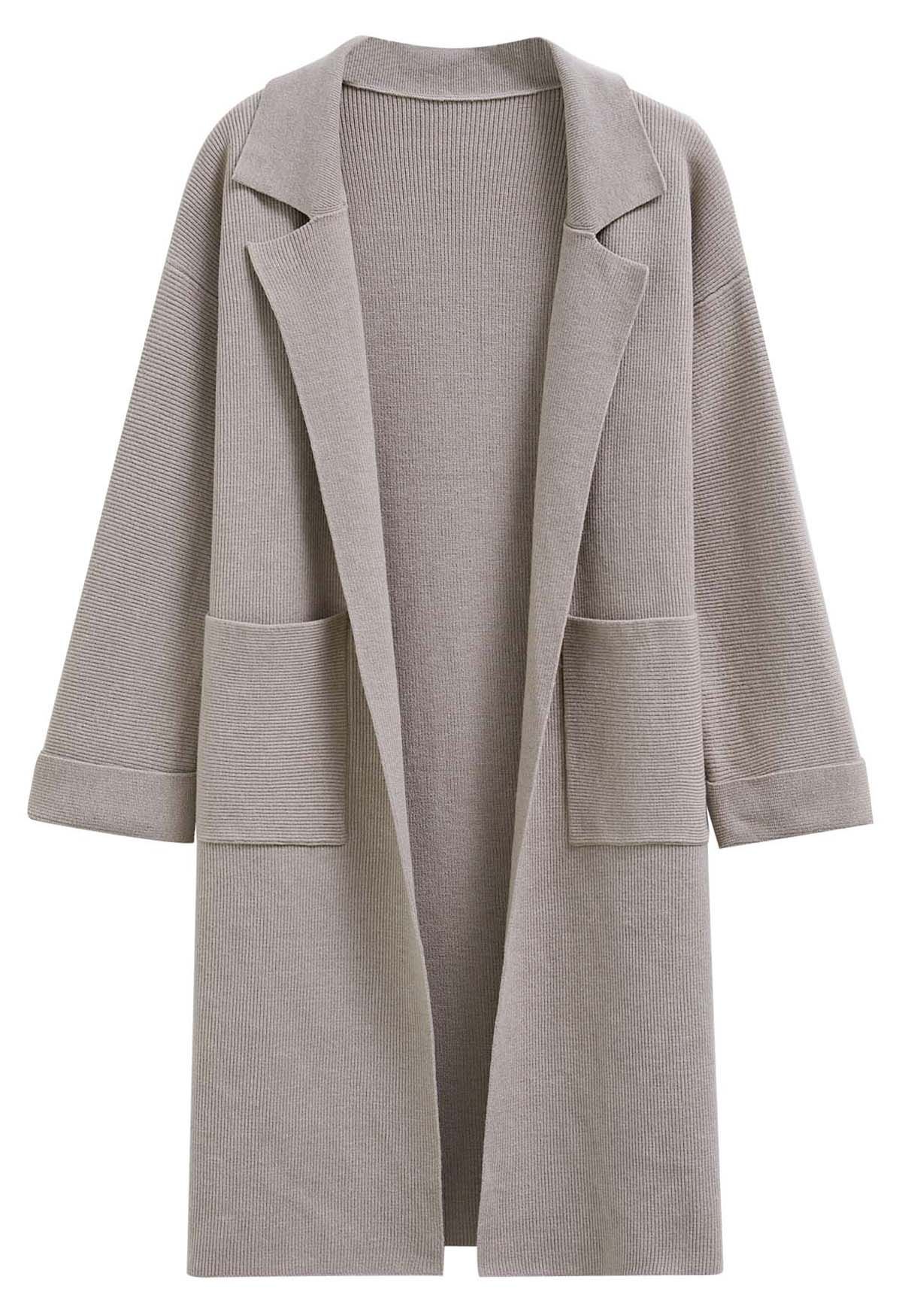 Notch Lapel Belted Longline Knit Cardigan in Taupe