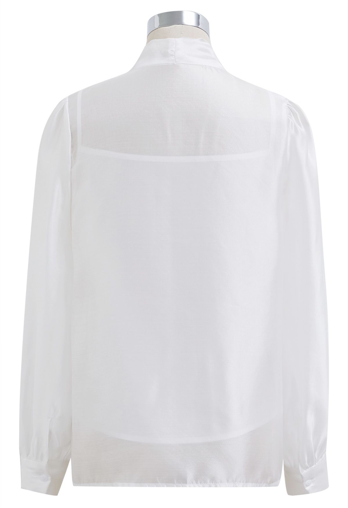Elegant Bowknot Puff Sleeves Sheer Shirt in White